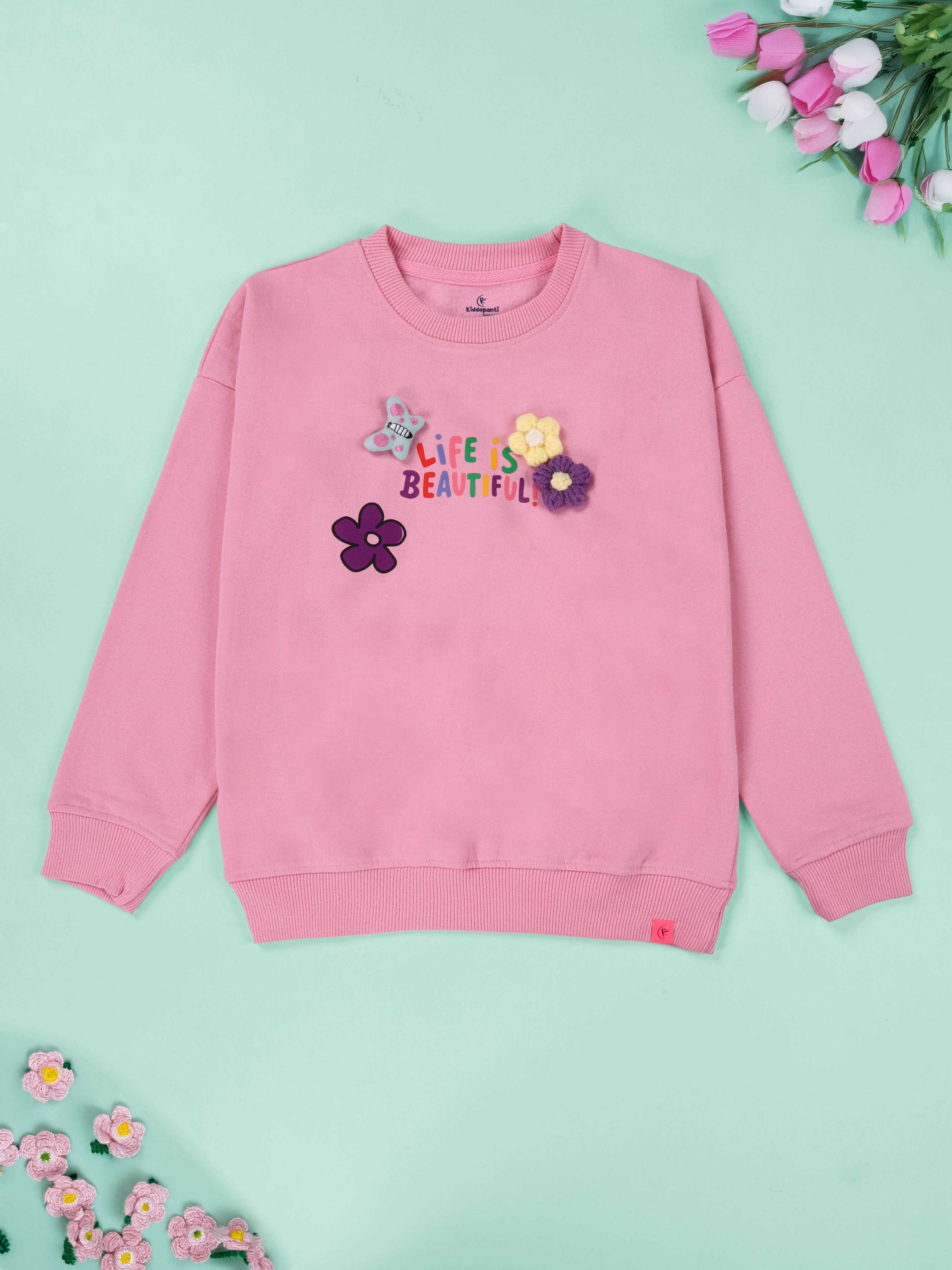 Kiddopanti Girls Fleece Round Neck Full Sleeve Sweatshirt With Badges Pack of 2