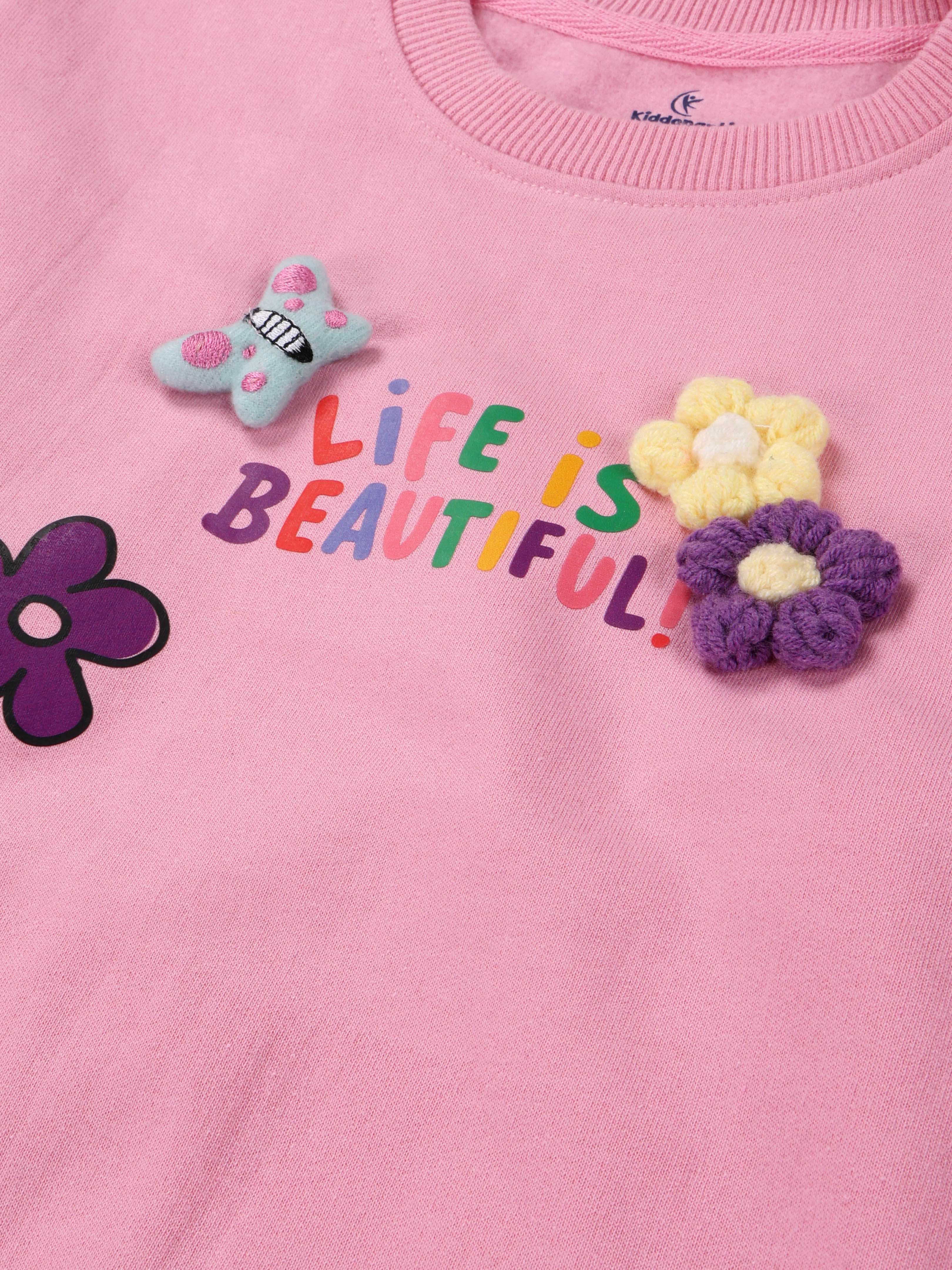 Kiddopanti Girls Fleece Round Neck Full Sleeve Sweatshirt With Badges Pack of 2