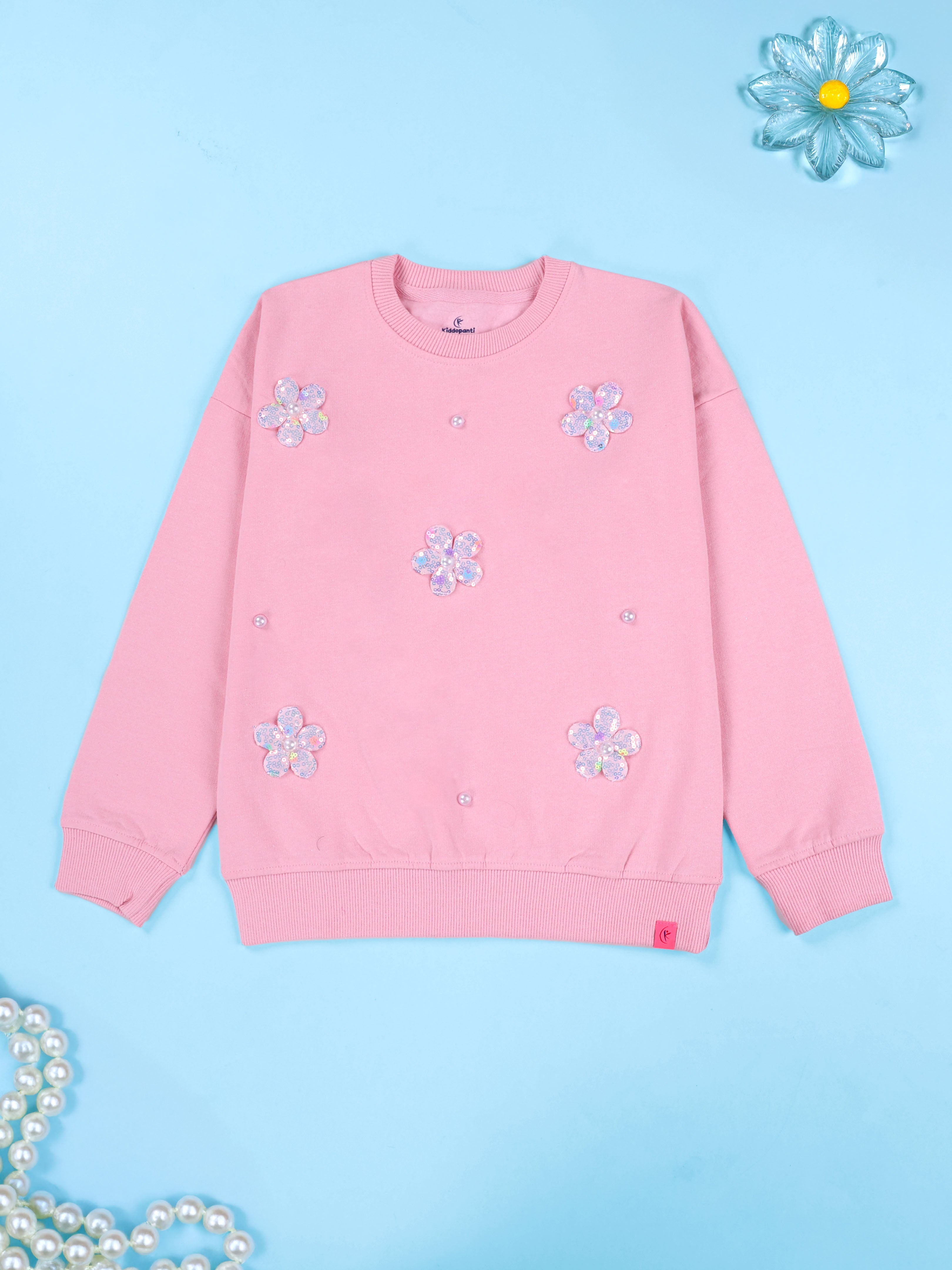 Kiddopanti Girls Fleece Round Neck Full Sleeve Sweatshirt With Badges Pack of 2