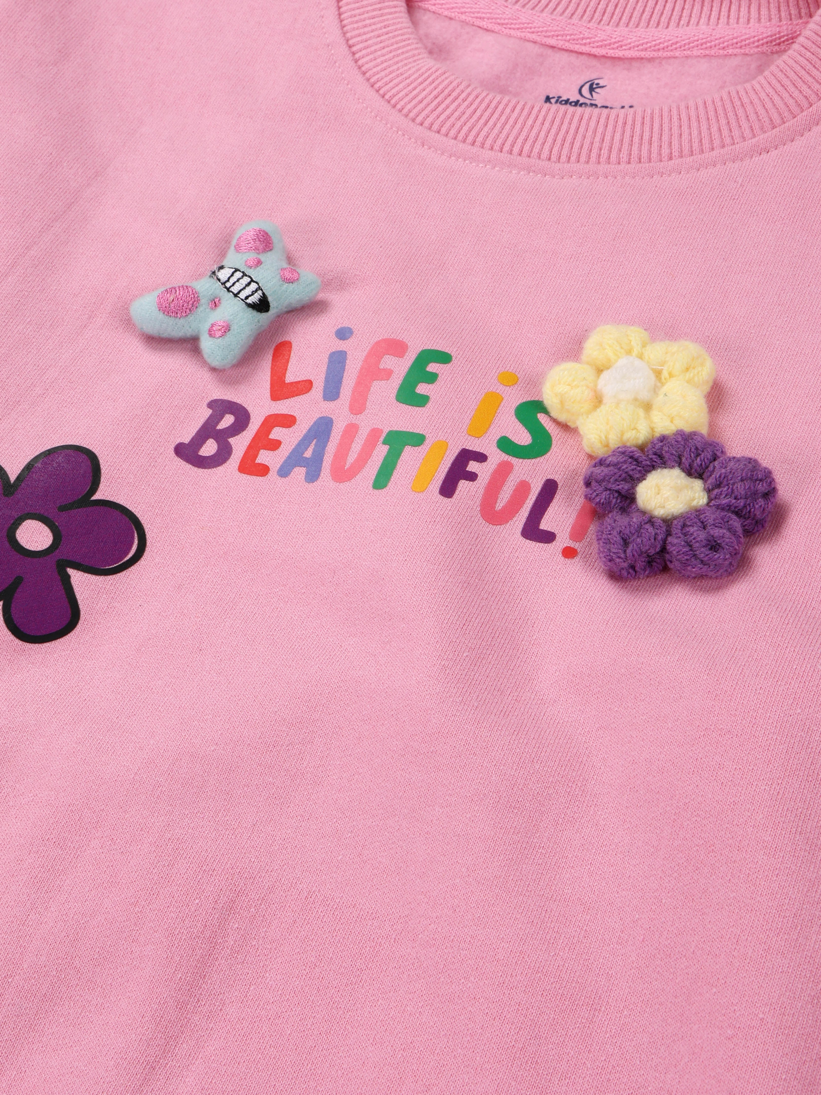 Kiddopanti Girls Fleece Round Neck Full Sleeve Sweatshirt With Badges Pack of 2