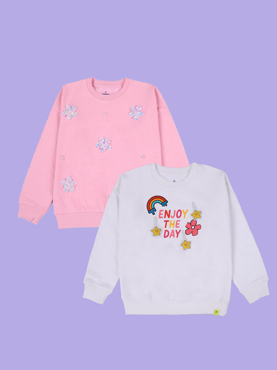 Kiddopanti Girls Fleece Round Neck Full Sleeve Sweatshirt With Badges Pack of 2