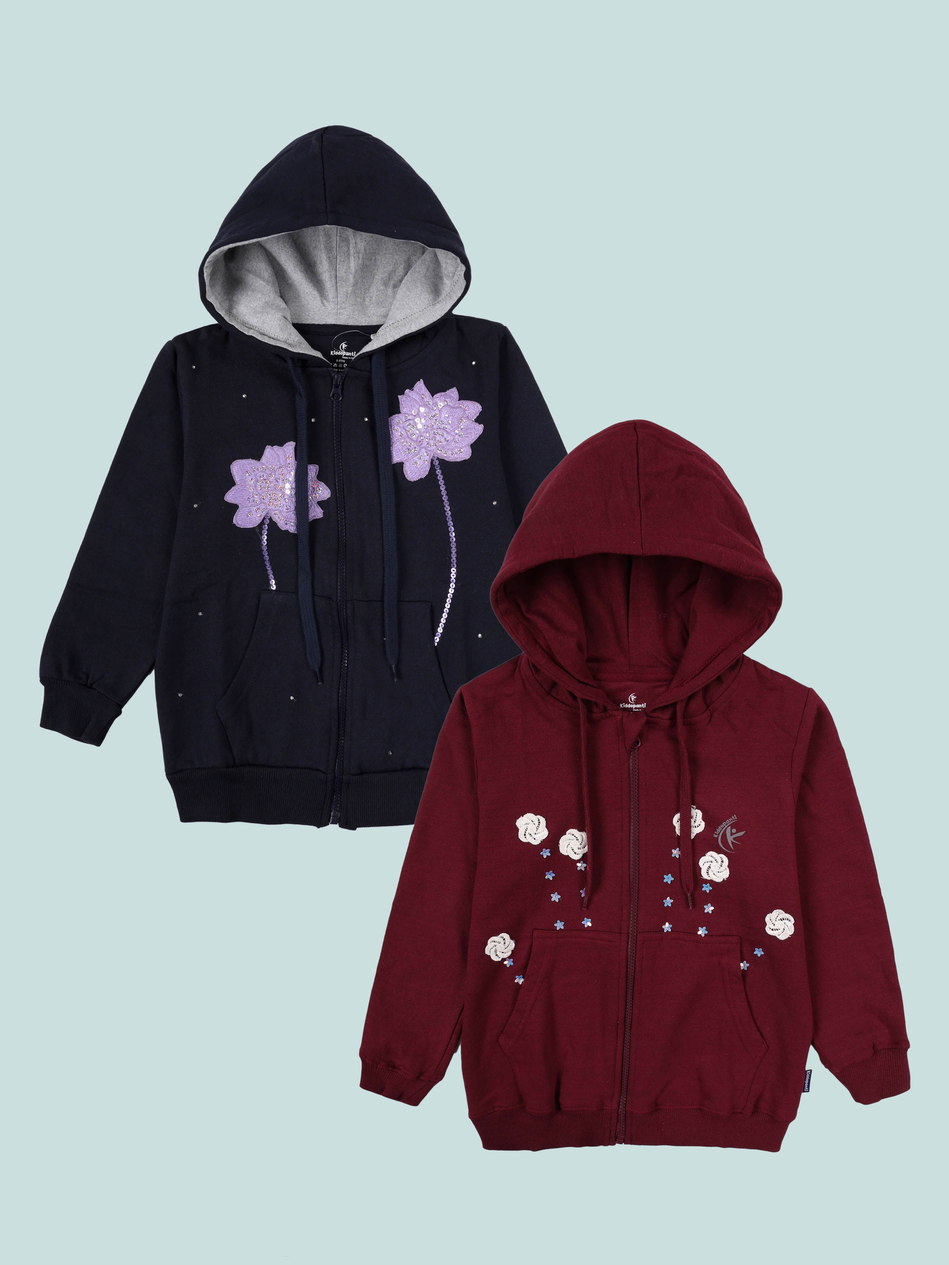 Kiddopanti Girls Printed Fleece Zip-Up Front Open Hooded Sweatshirt Pack of 2
