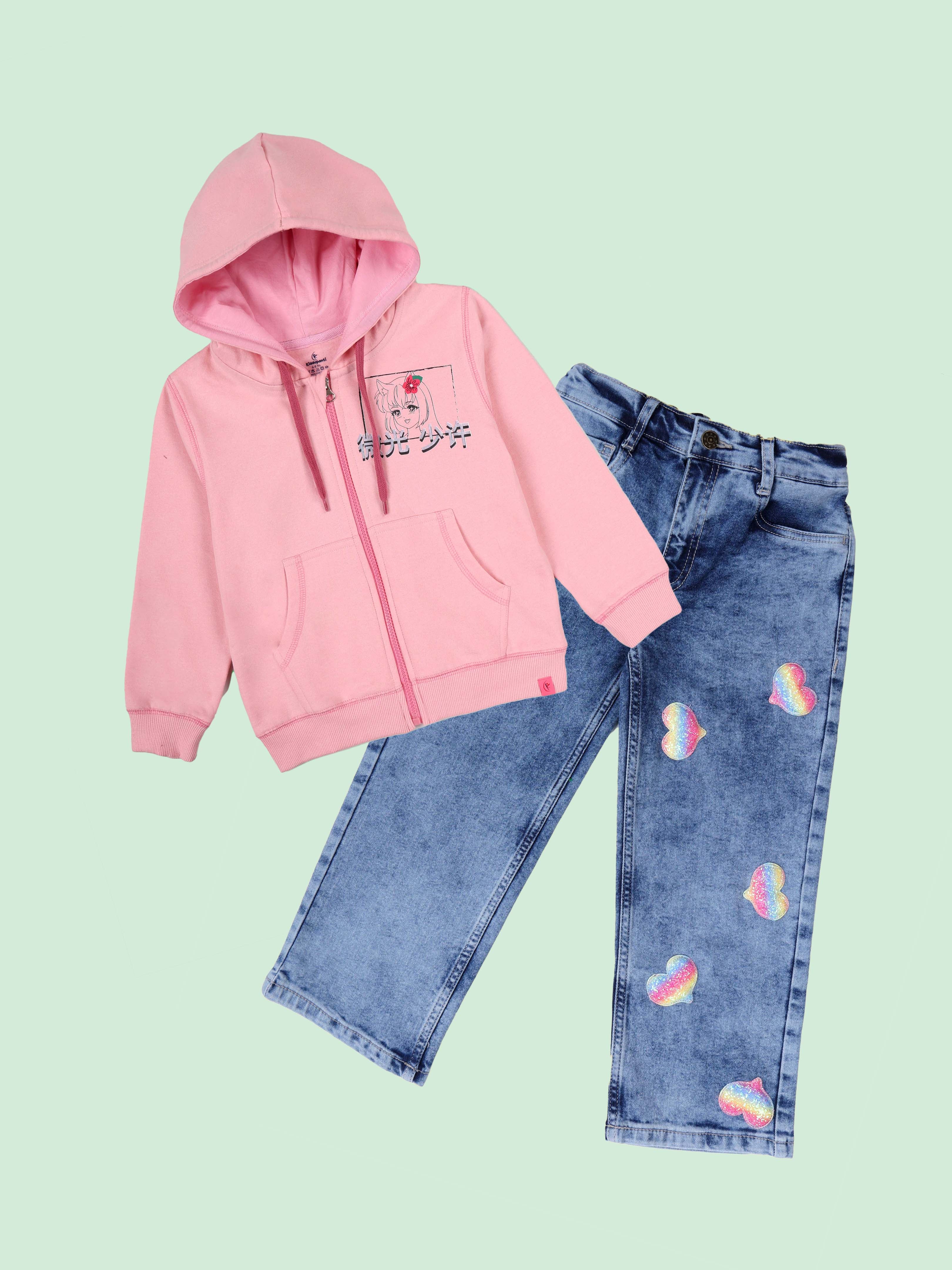 Kiddopanti Girls Fleece Graphic Printed Zip-Up Hoodie with Straight Fit Jeans With Heart Sequins Set