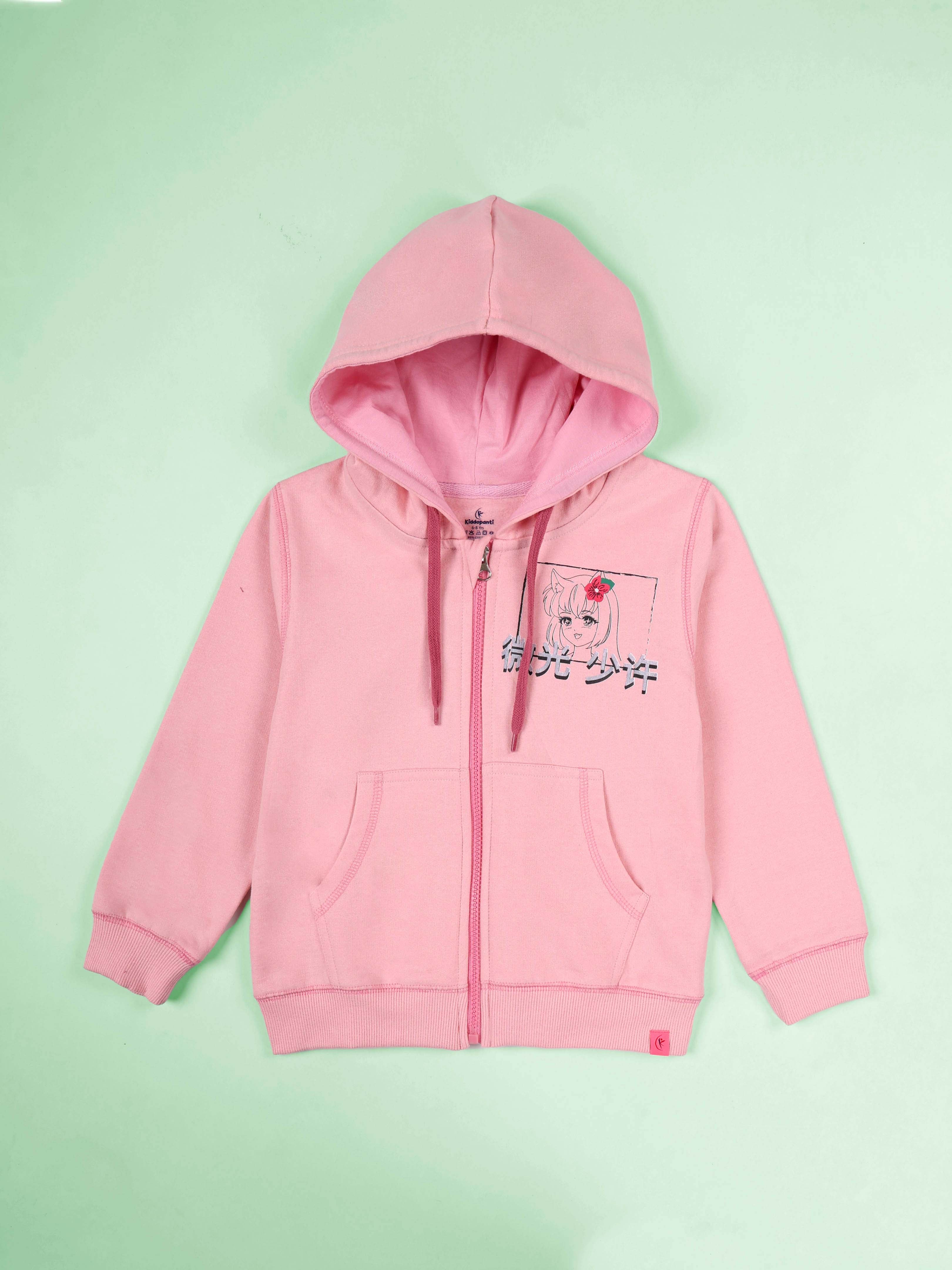 Kiddopanti Girls Fleece Graphic Printed Zip-Up Hoodie with Straight Fit Jeans With Heart Sequins Set