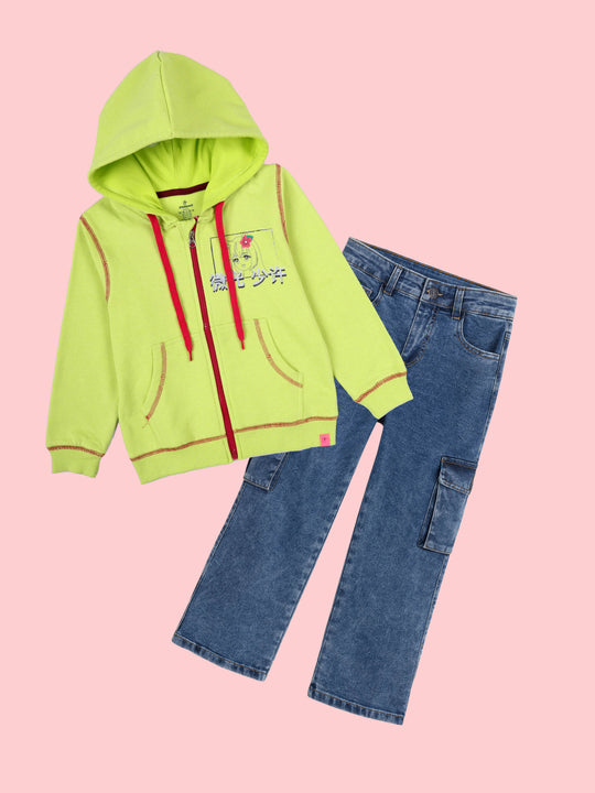 Kiddopanti Girls Fleece Graphic Printed Zip-Up Hoodie With Flared Utility Cargo Pant Set
