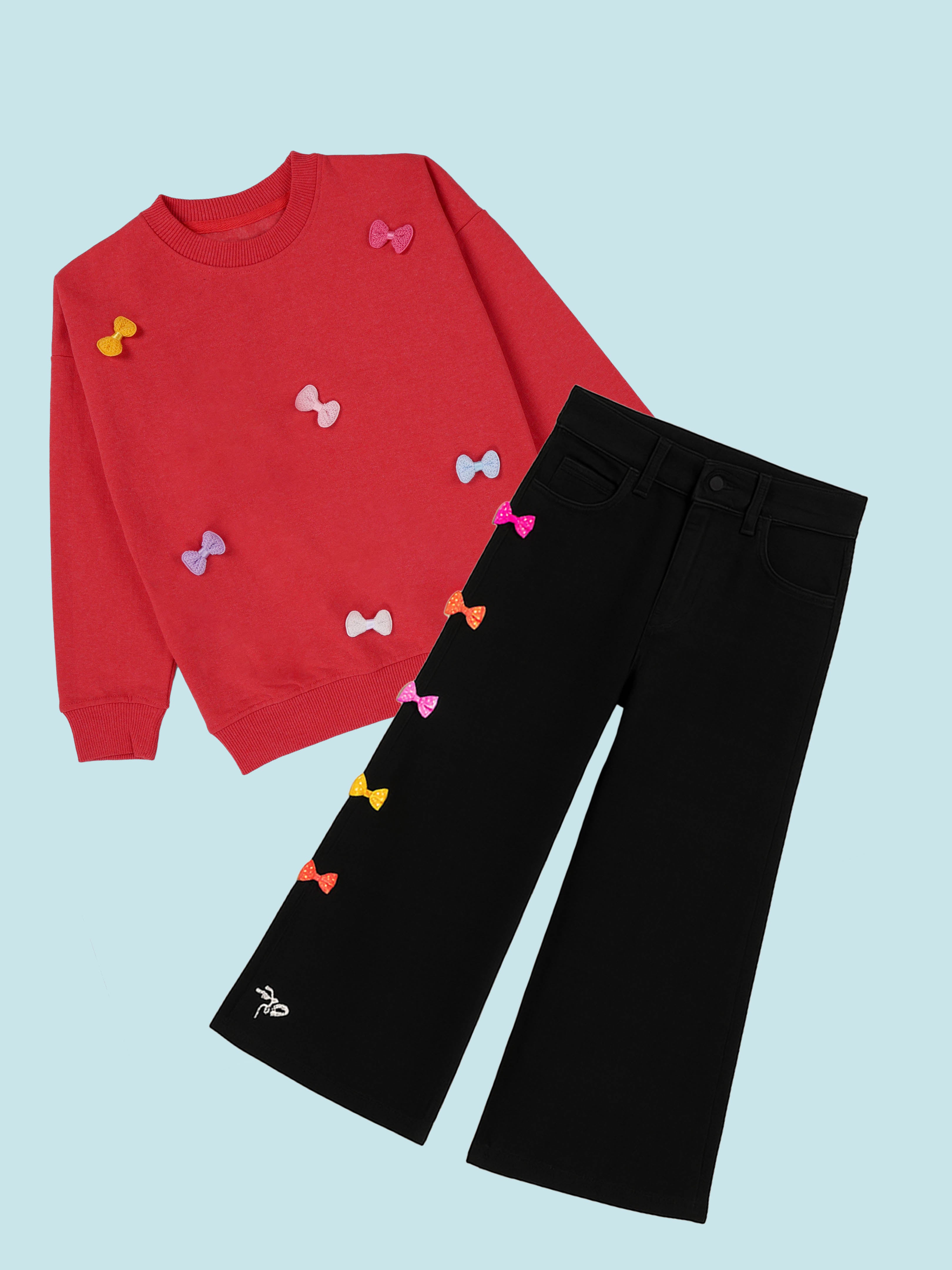 Kiddopanti Girls Fleece Round Neck Sweatshirt With Flared Denim pant With Bow Set