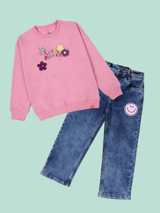 Kiddopanti Girls Fleece Printed Round Neck Fleece Sweatshirt with Badges & Straight Fit Jeans  Set