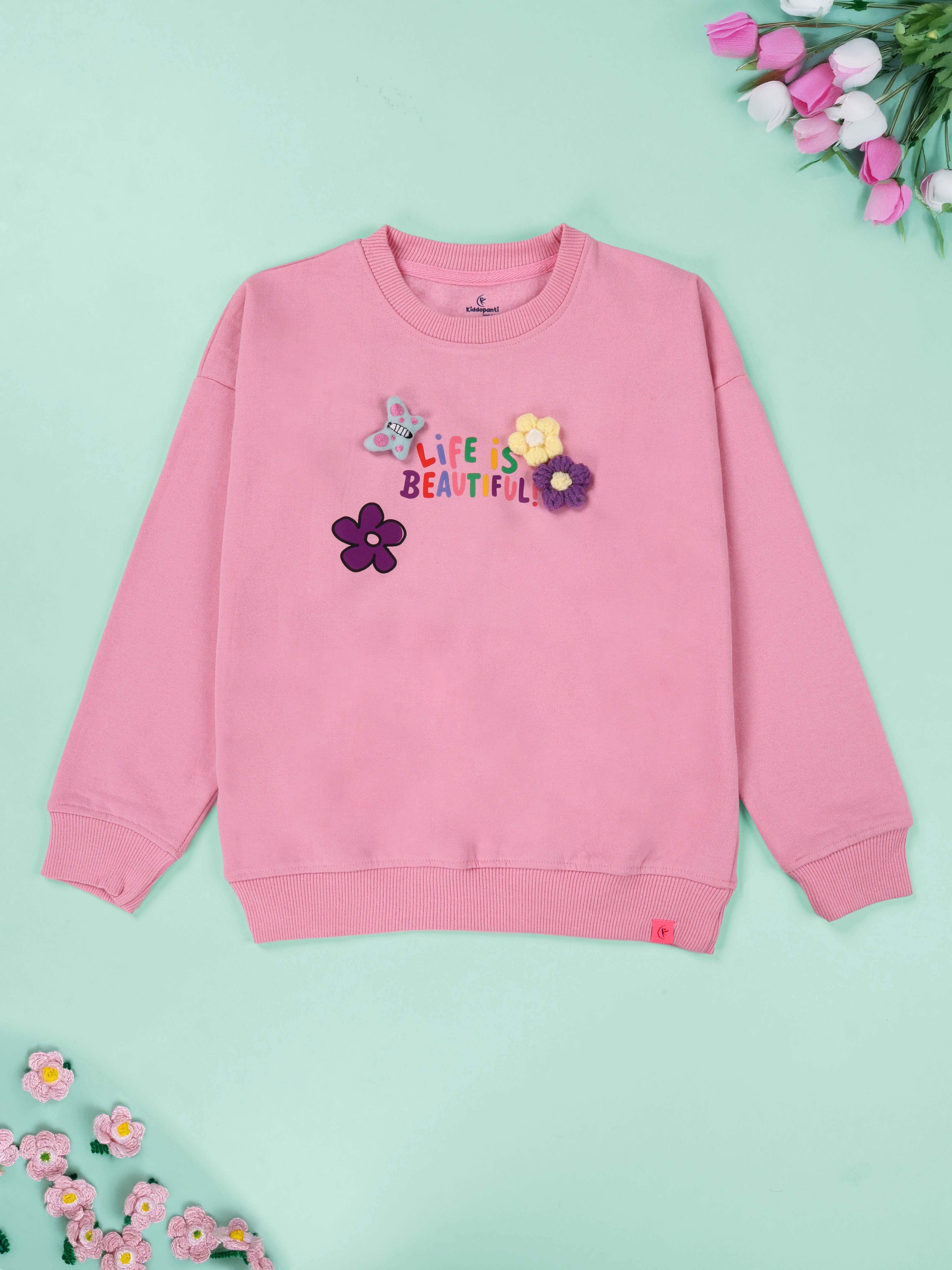 Kiddopanti Girls Fleece Printed Round Neck Fleece Sweatshirt with Badges & Straight Fit Jeans  Set