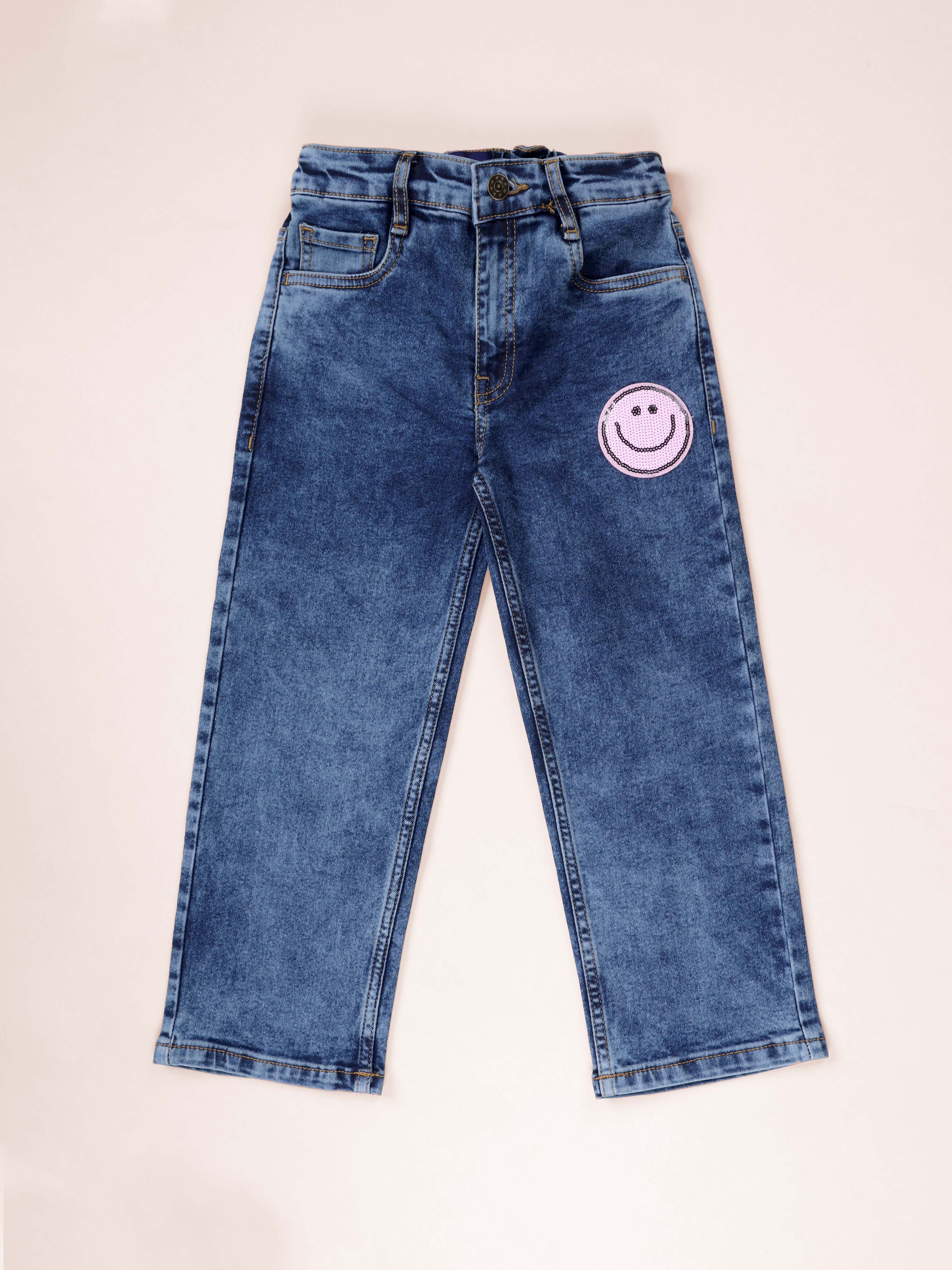 Kiddopanti Girls Fleece Printed Round Neck Fleece Sweatshirt with Badges & Straight Fit Jeans  Set