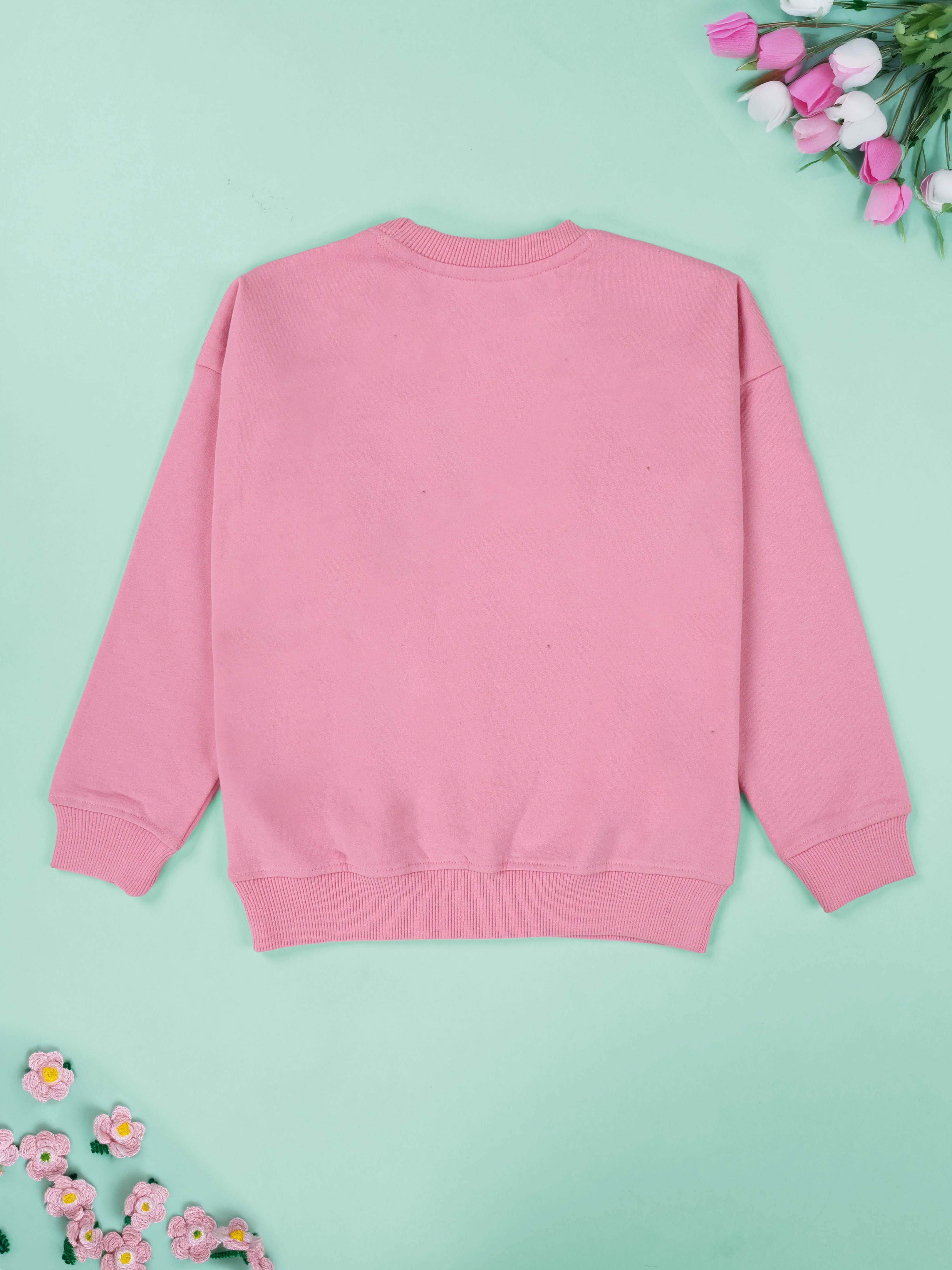 Kiddopanti Girls Fleece Printed Round Neck Fleece Sweatshirt with Badges & Straight Fit Jeans  Set