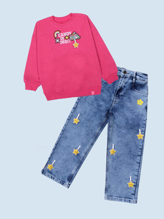 Girls Fleece Just Do it Printed Sweatshirt With Badges & Denim Woven Straight Fit Jeans Co Ord Set