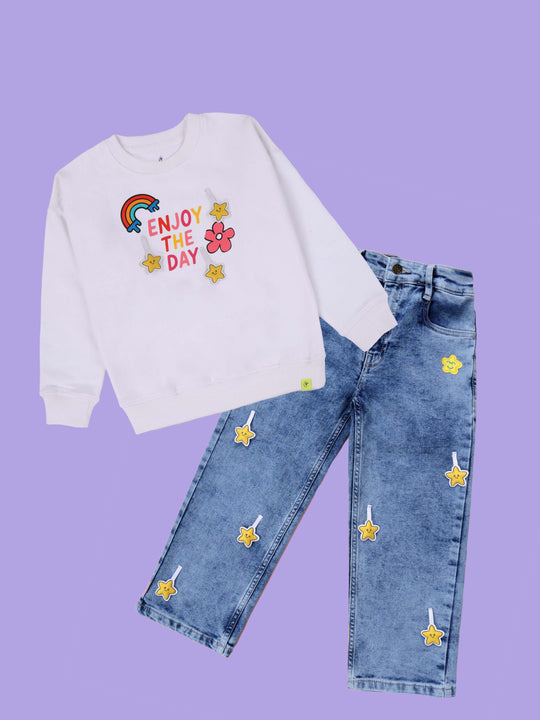 Kiddopanti Girls Fleece Printed Round Neck Multi Badge Sweatshirt  With Straight Fit Jeans Set