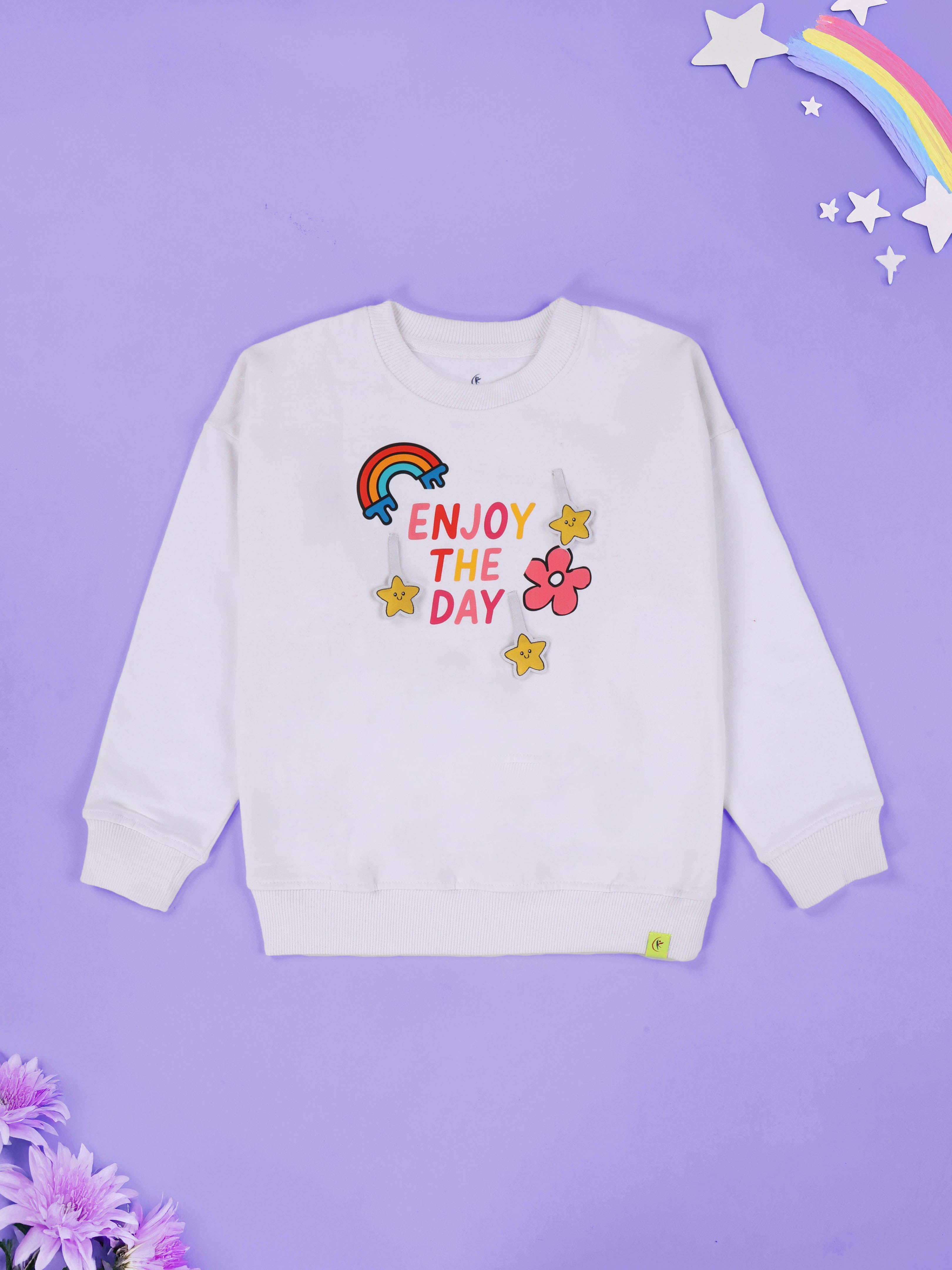 Kiddopanti Girls Fleece Printed Round Neck Multi Badge Sweatshirt  With Straight Fit Jeans Set