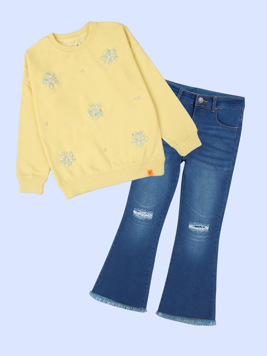 Kiddopanti Girls Fleece Solid Sweatshirt With Beads Flowers & Flared Knee Distress Denim Jeans Set