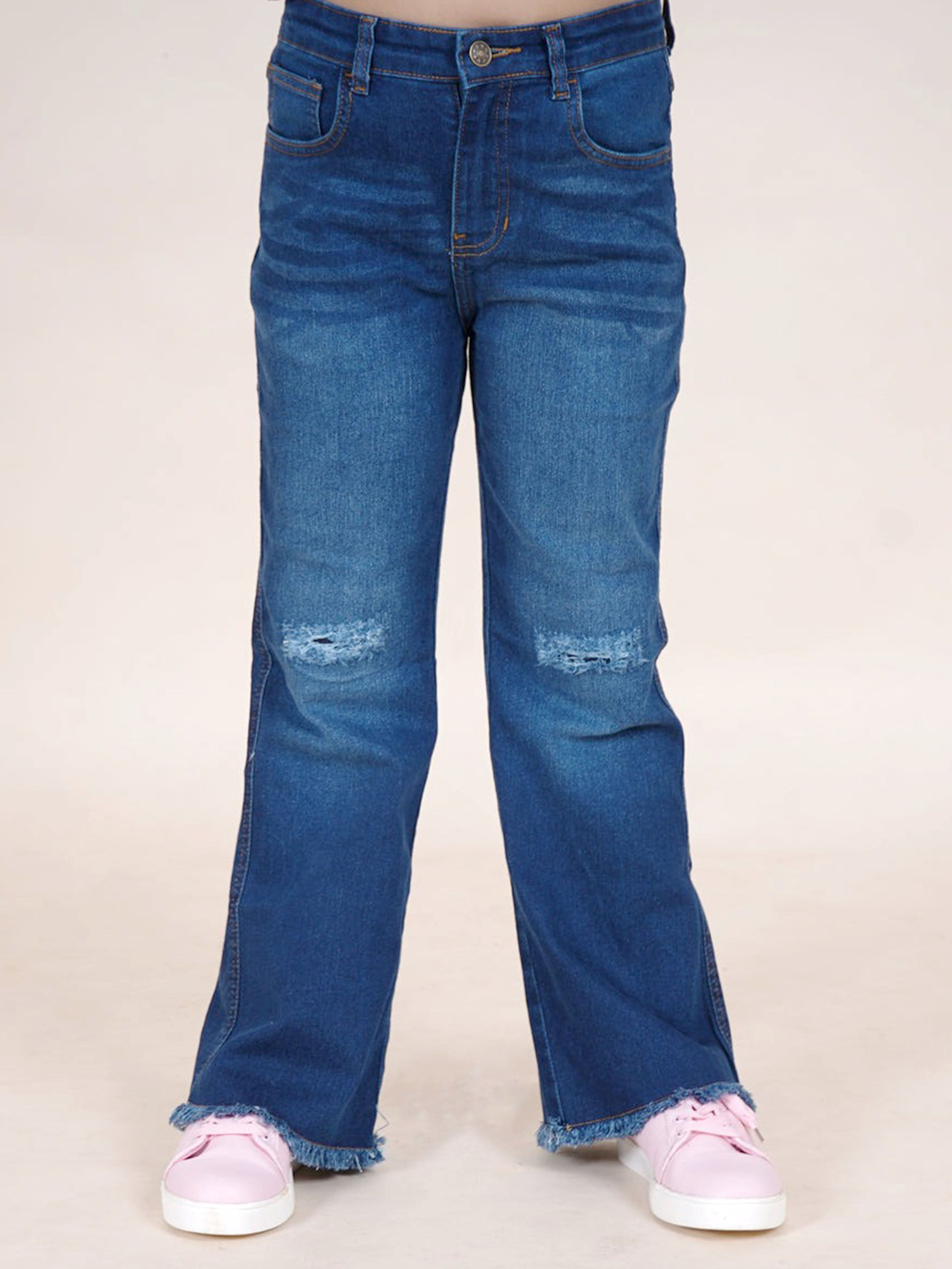 Kiddopanti Girls Fleece Solid Sweatshirt With Beads Flowers & Flared Knee Distress Denim Jeans Set