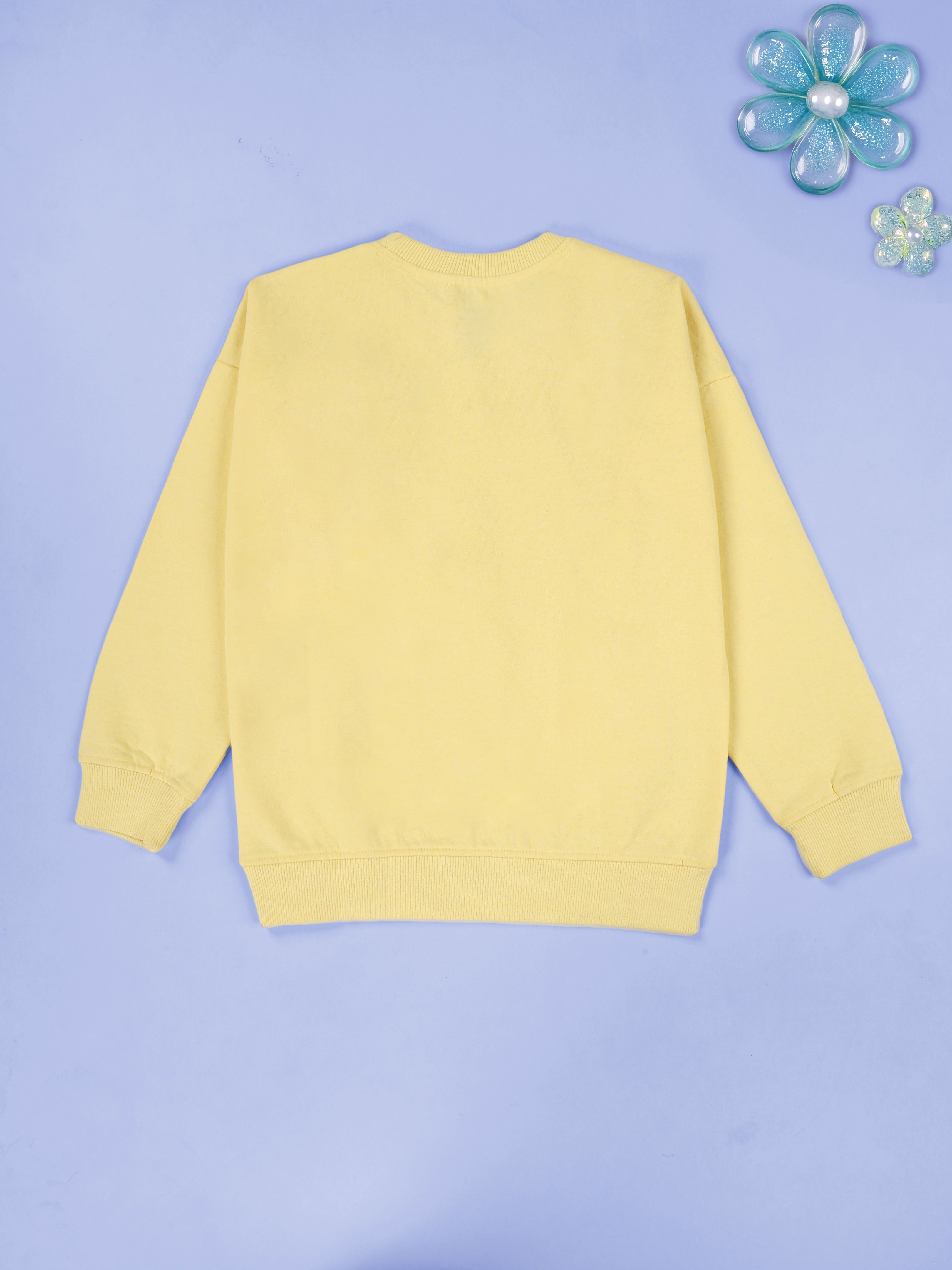 Kiddopanti Girls Fleece Solid Sweatshirt With Beads Flowers & Flared Knee Distress Denim Jeans Set