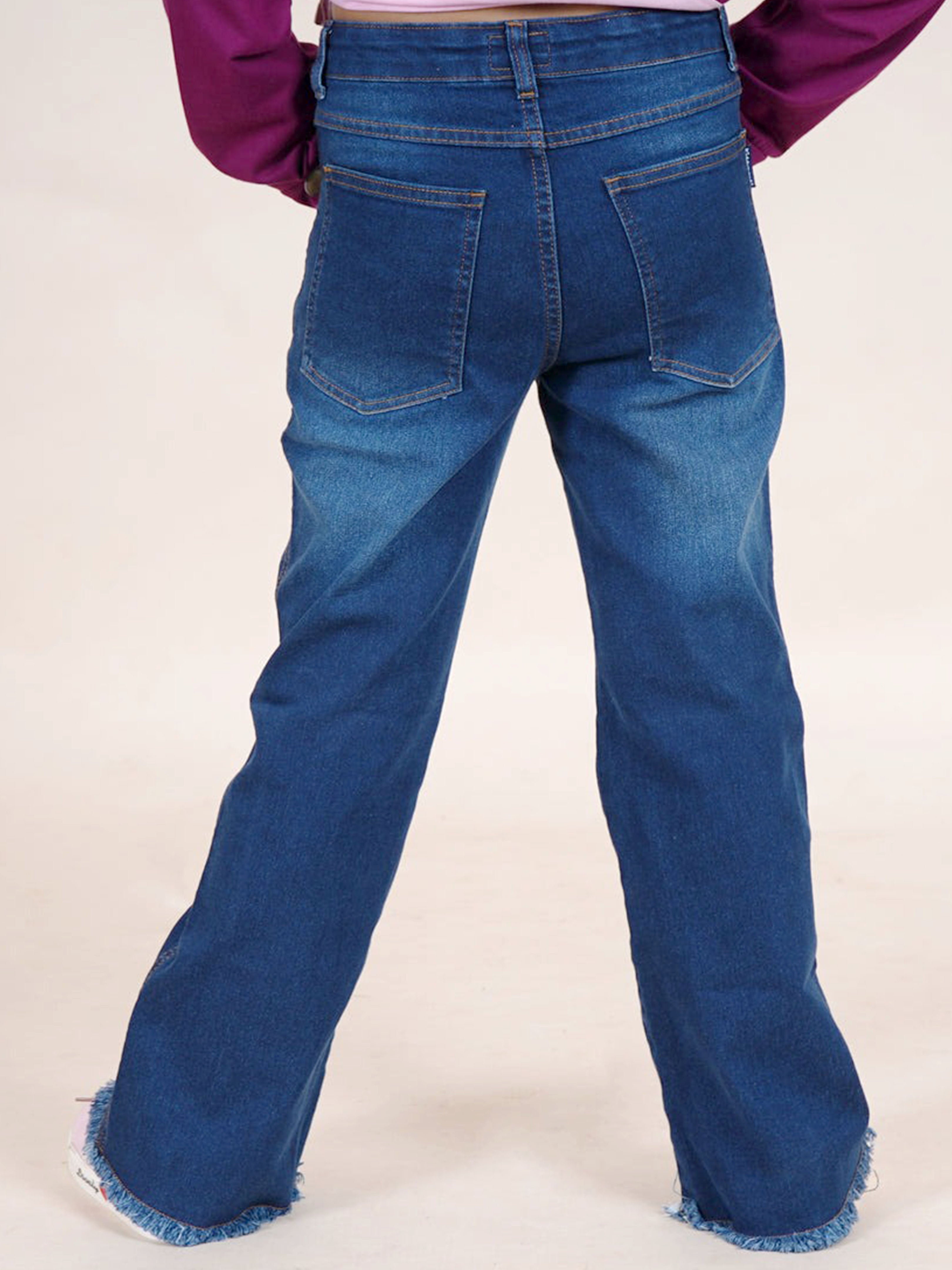 Kiddopanti Girls Fleece Solid Sweatshirt With Beads Flowers & Flared Knee Distress Denim Jeans Set