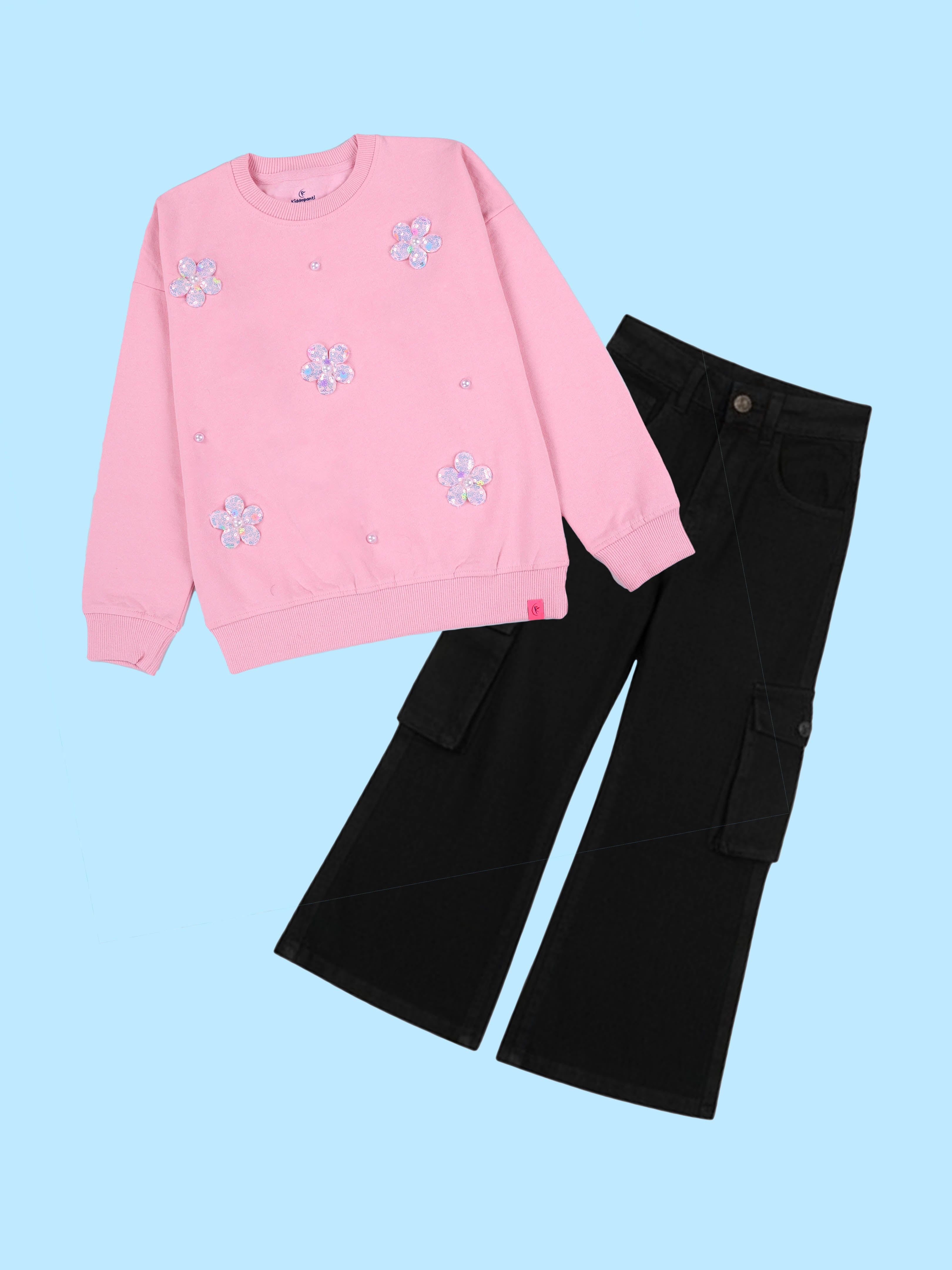 Kiddopanti Girls Fleece Sweatshirt With Beads & Flowers With Flared Utility Cargo Pant Set