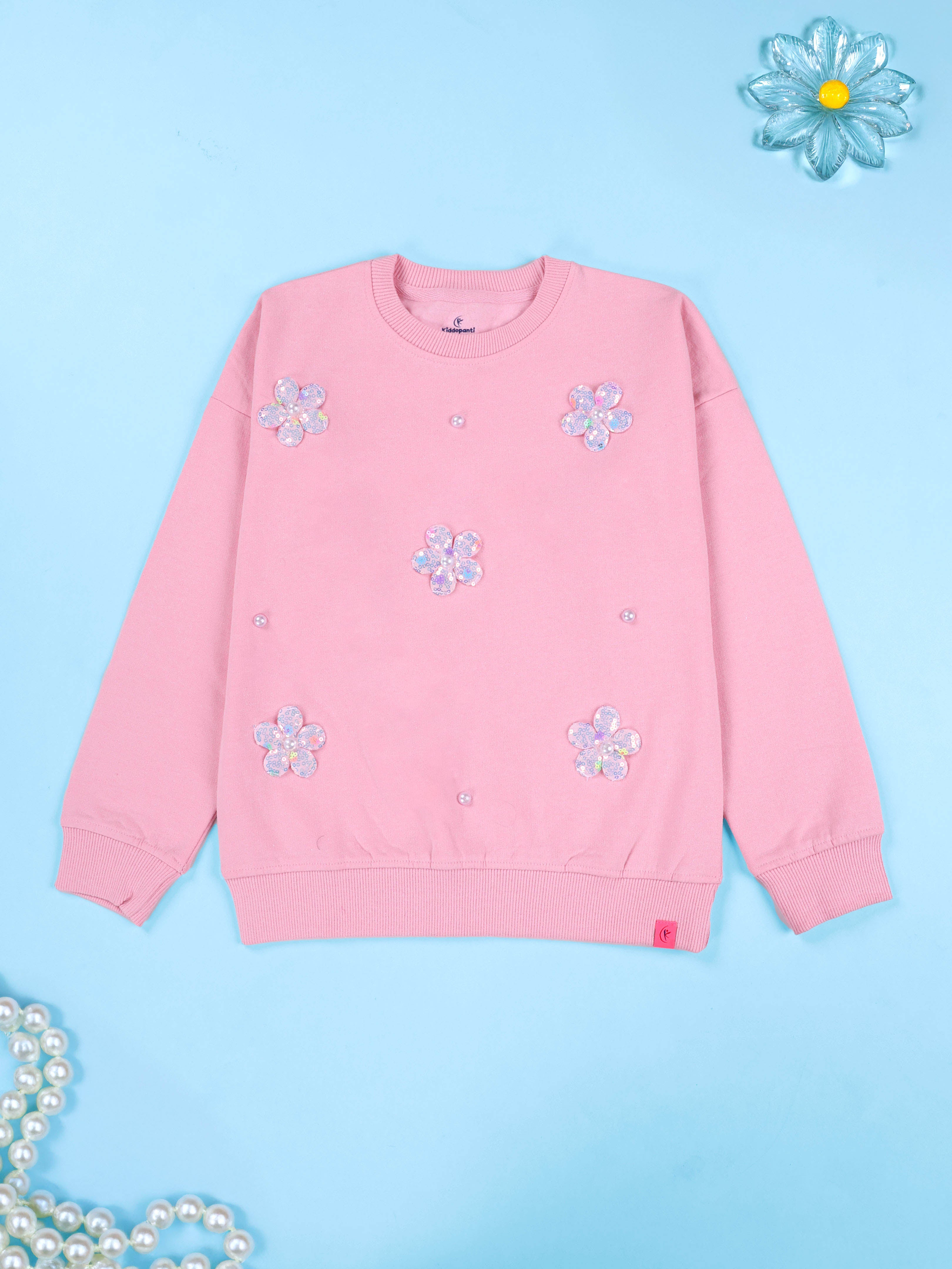 Kiddopanti Girls Fleece Sweatshirt With Beads & Flowers With Flared Utility Cargo Pant Set