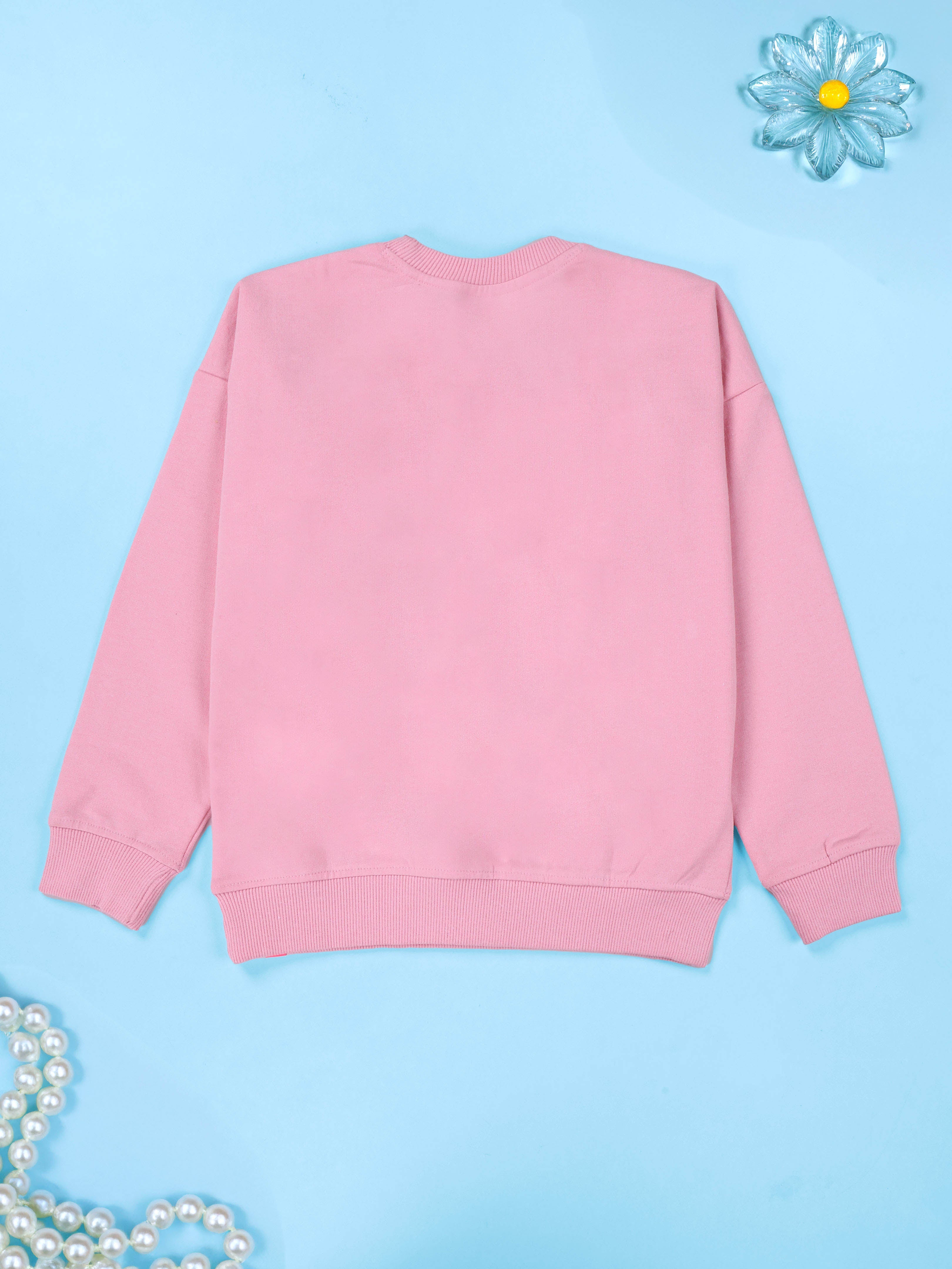 Kiddopanti Girls Fleece Sweatshirt With Beads & Flowers With Flared Utility Cargo Pant Set