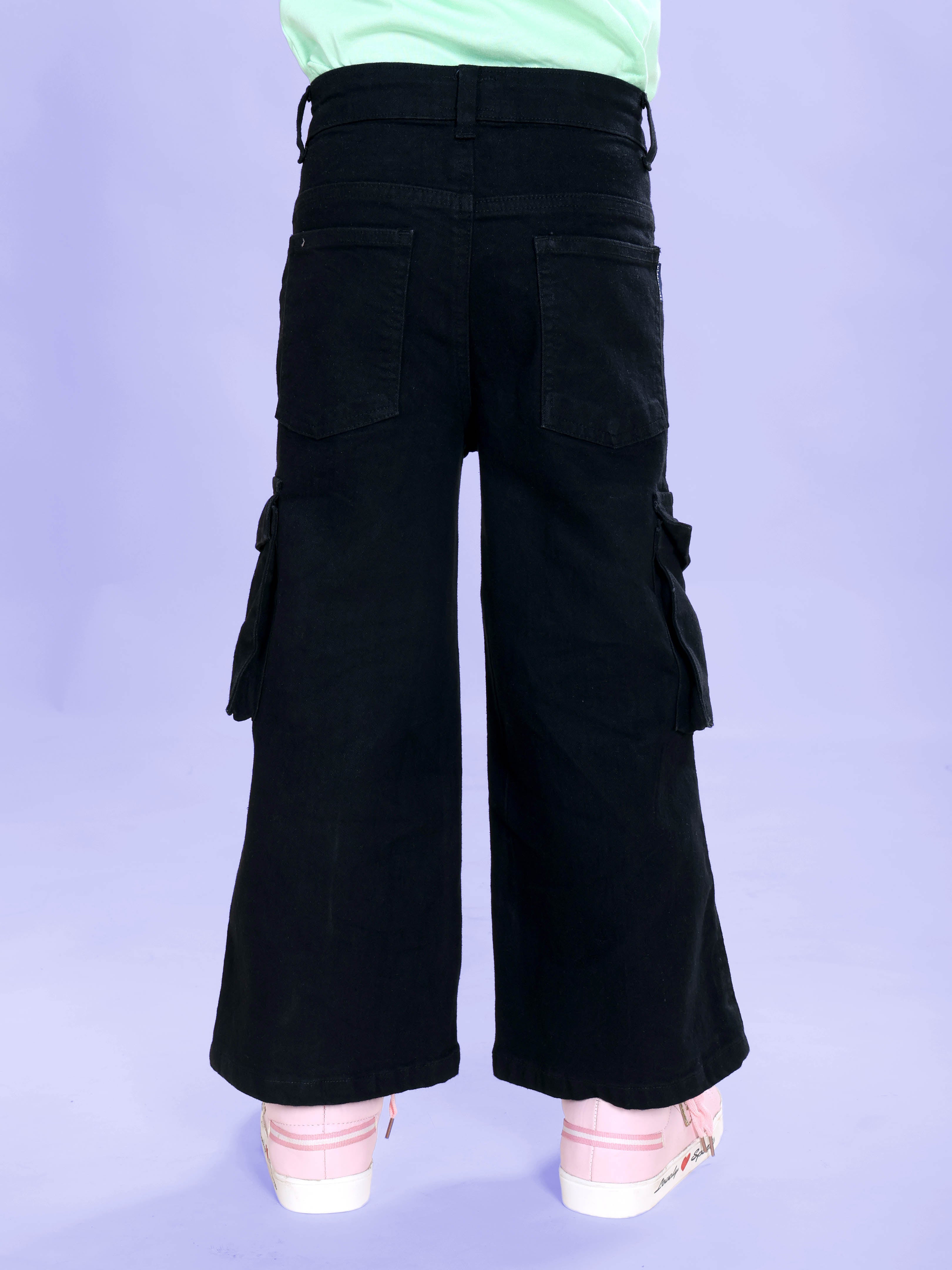 Kiddopanti Girls Fleece Sweatshirt With Beads & Flowers With Flared Utility Cargo Pant Set