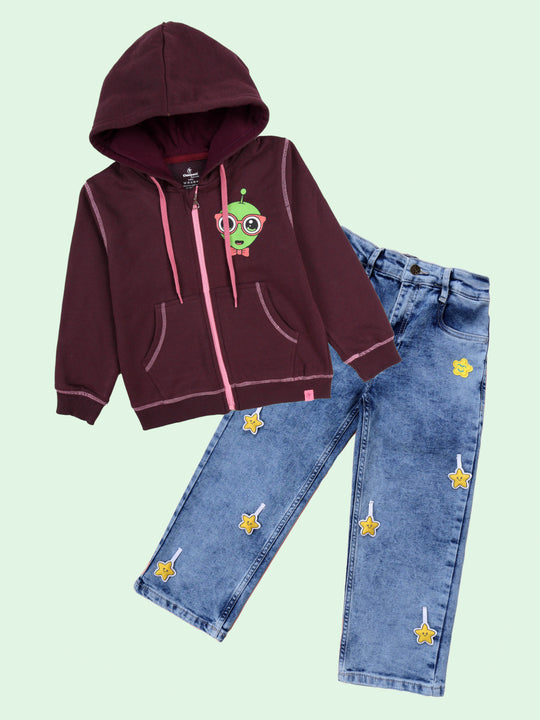 Kiddopanti Girls Fleece Zip-Up Hooded Sweatshirt With Straight Fit Jeans & Yellow Stars Co-Ords  Set