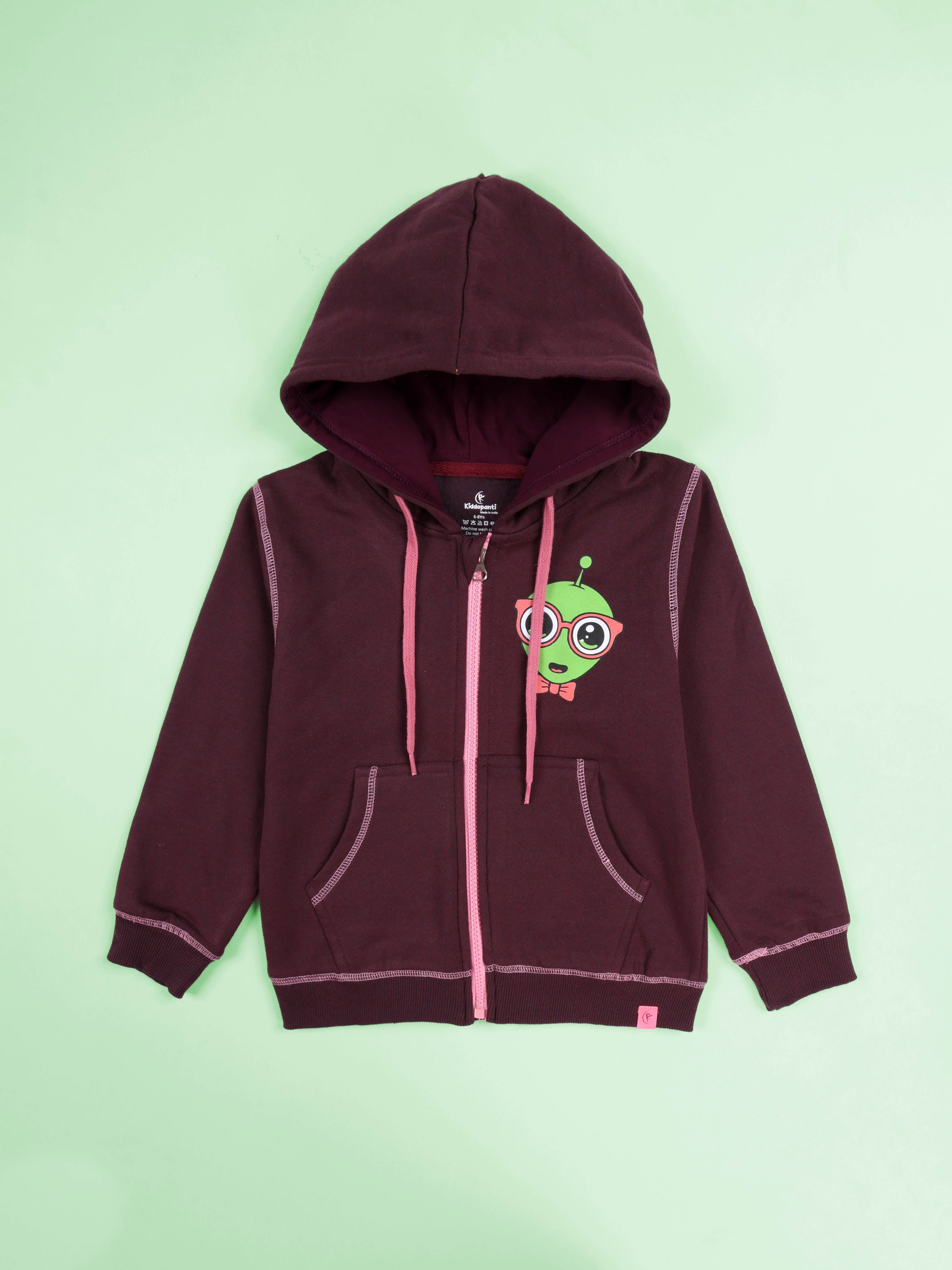 Kiddopanti Girls Fleece Zip-Up Hooded Sweatshirt With Straight Fit Jeans & Yellow Stars Co-Ords  Set