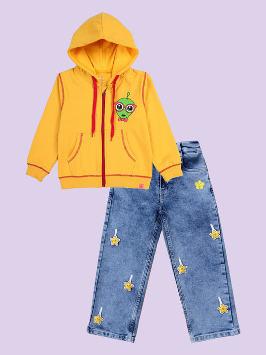 Kiddopanti Girls Fleece Zip-Up Hooded Sweatshirt With Straight Fit Jeans & Yellow Stars Co-Ords  Set