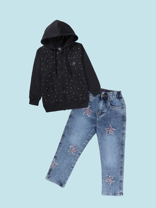 Girls Fleece Rhinestones Detailed Zip Front Open Hooded Sweatshirt & Denim Frayed Star Patch Washed Jeans Co-ord Set