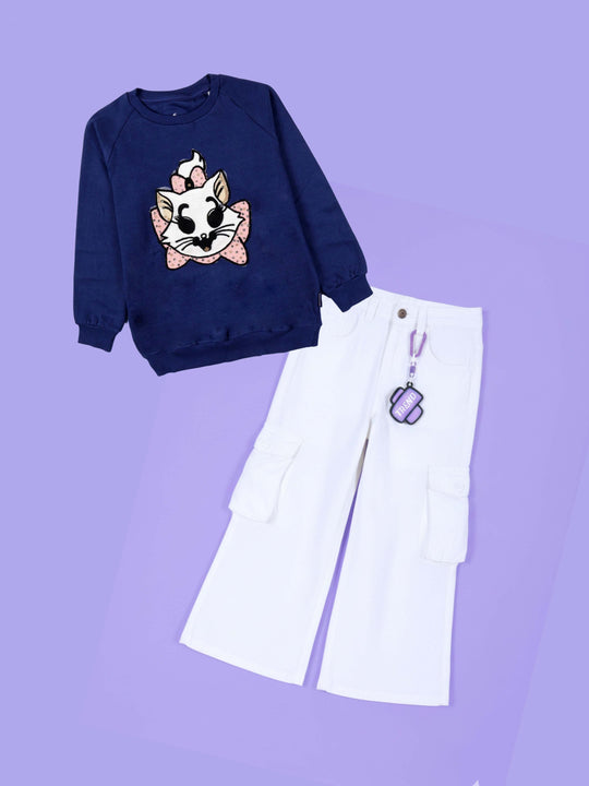 Girls Fleece Raglan Sleeves Cat with Rhinestones Detailed Sweatshirt And Denim Flared Utility Cargo Pant Co ord Set