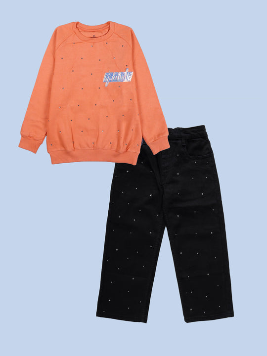 Girls Fleece Raglan Sleeves Printed With Rhinestones Detailed Sweatshirt & Denim Straight Fit Jeans Co Ord Set