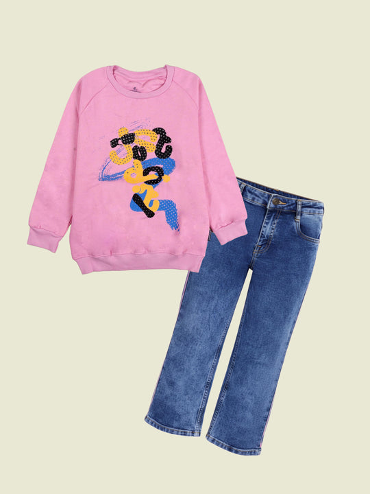 Girls Fleece Raglan Sleeves Printed With Rhinestones Detailed Sweatshirt & Denim Straight Fit Jeans Co Ord Set