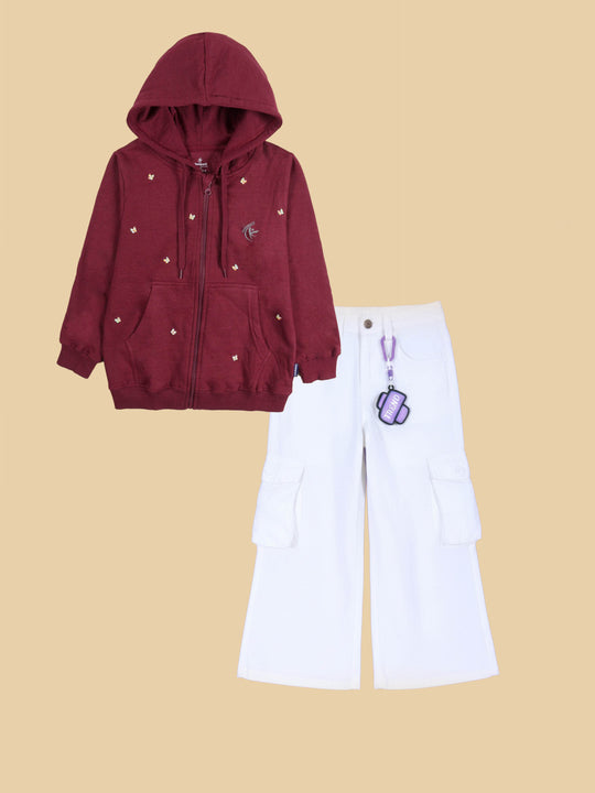 Girls Fleece Butterfly Beads Detailed Zip Front Open Hooded Sweatshirt & Flared Utility Cargo Pant Co Ord Set