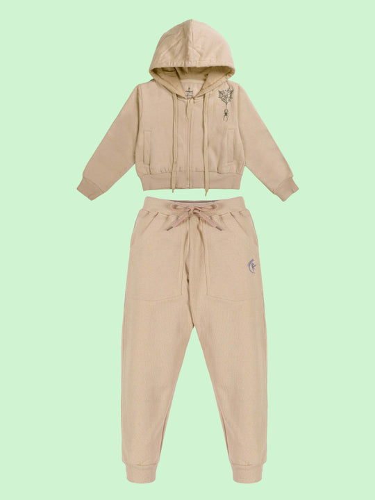 Girls Printed Front zip open Hooded Crop Length Sweatshirts With Rhinestones & Track Pant Set