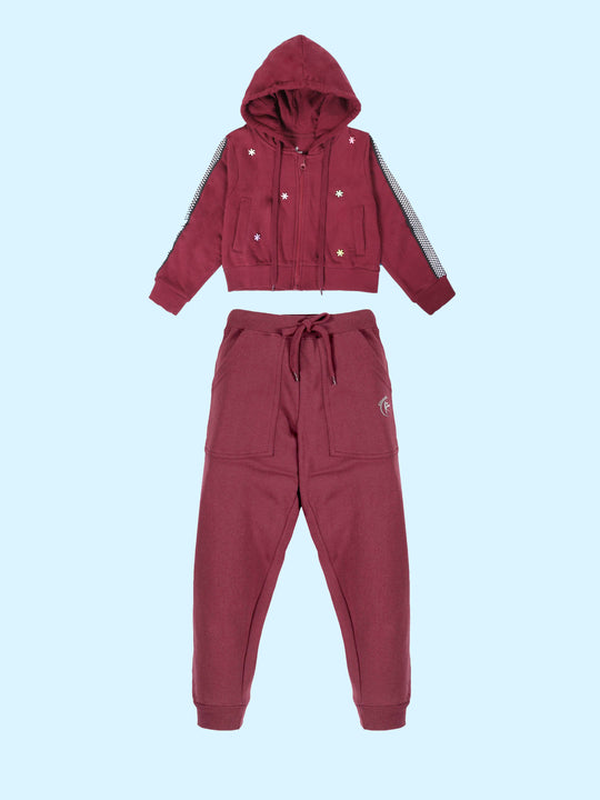 Girls Printed Front zip open Hooded Crop Length Sweatshirts With Rhinestones & Track Pant Set