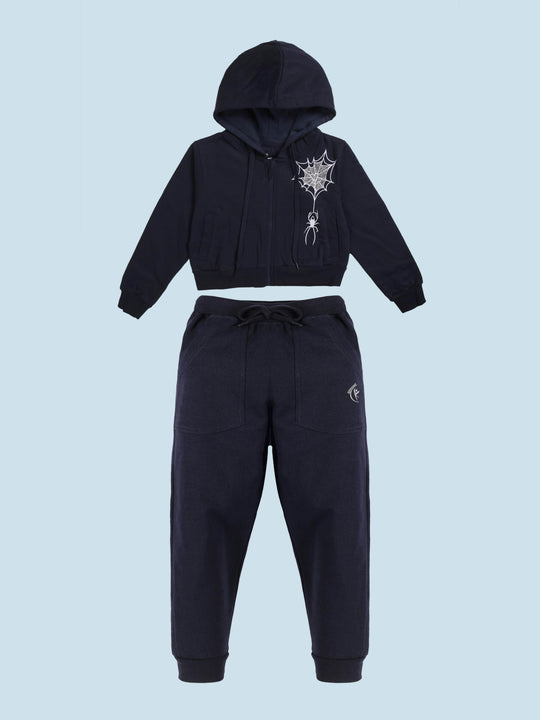 Girls Printed Front zip open Hooded Crop Length Sweatshirts With Rhinestones & Track Pant Set