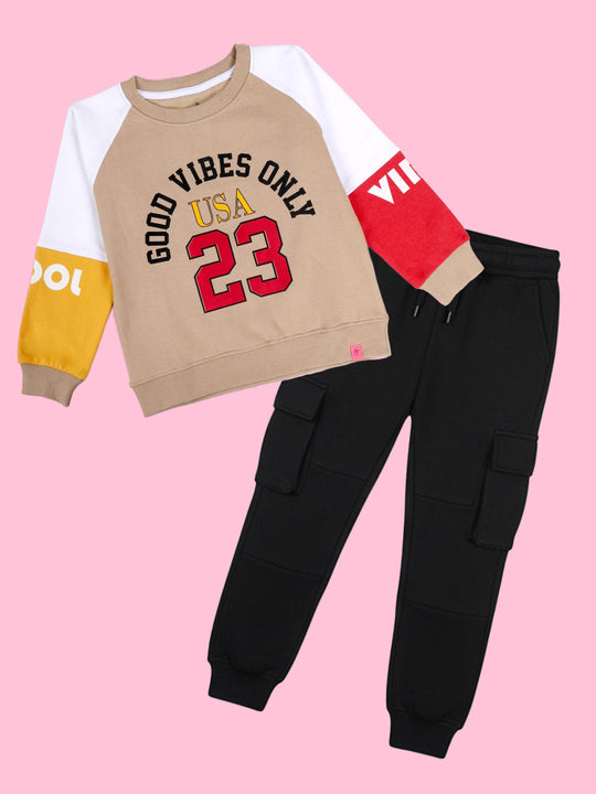 Kiddopanti Girls Fleece Colorblock Round Neck Full Sleeve Sweatshirt With Cargo Track Pant Set