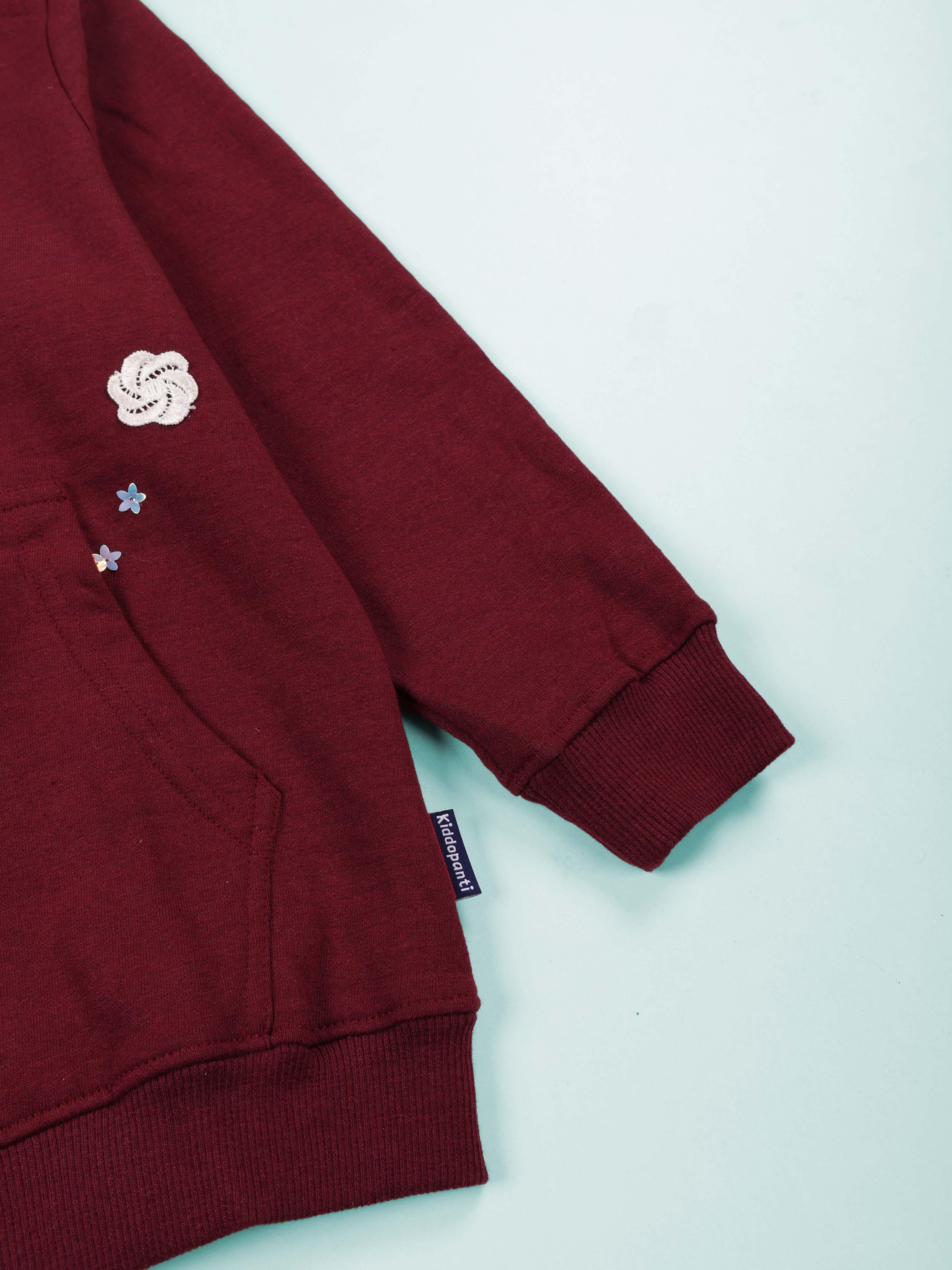 Kiddopanti Girls Fleece Full Sleeves Flower Sequin Applique Front Zip Up Hooded Sweatshirt & Solid Track Pant Set