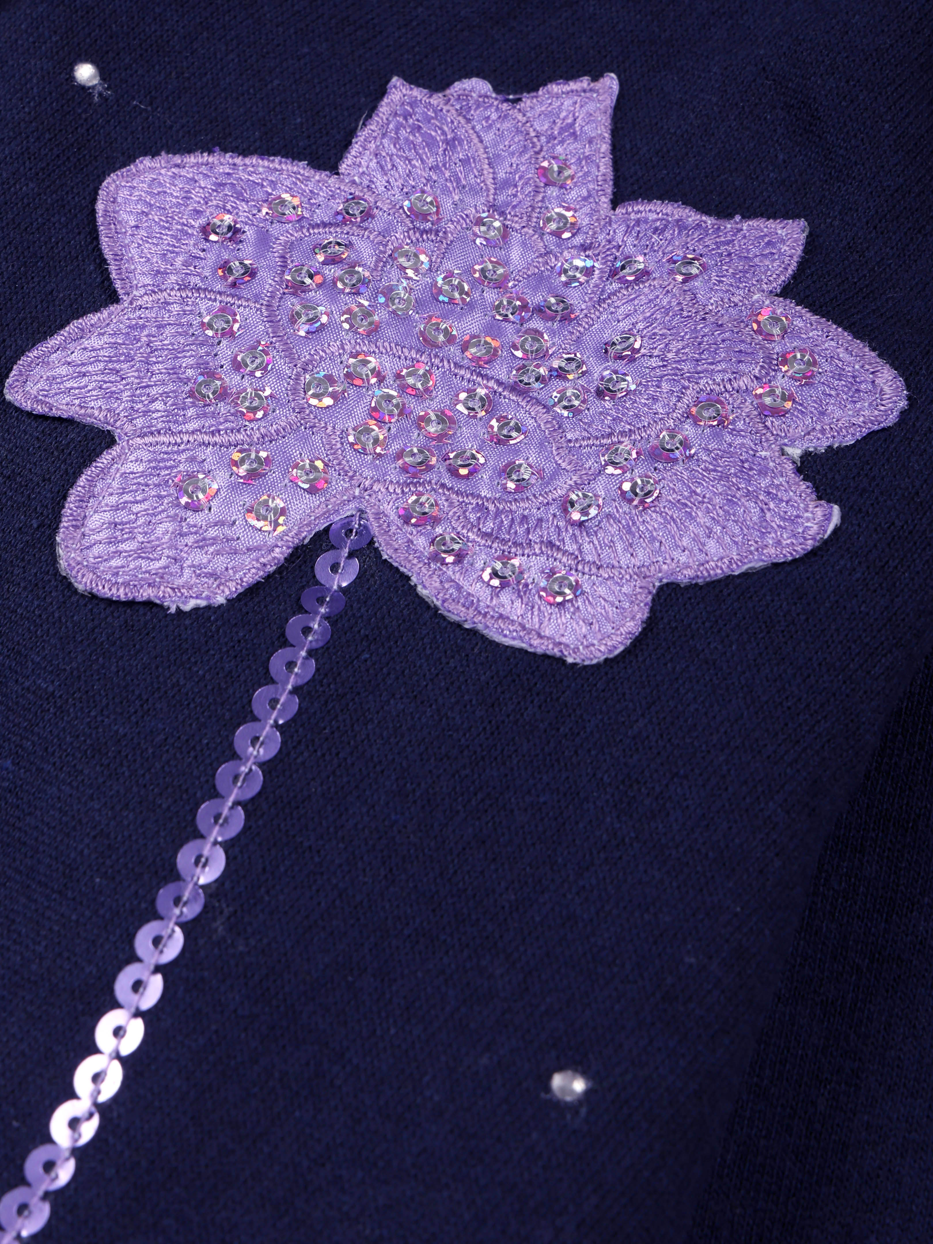 Kiddopanti Girls Fleece Full Sleeves Flower Sequin Applique Front Zip Up Hooded Sweatshirt & Solid Track Pant Set