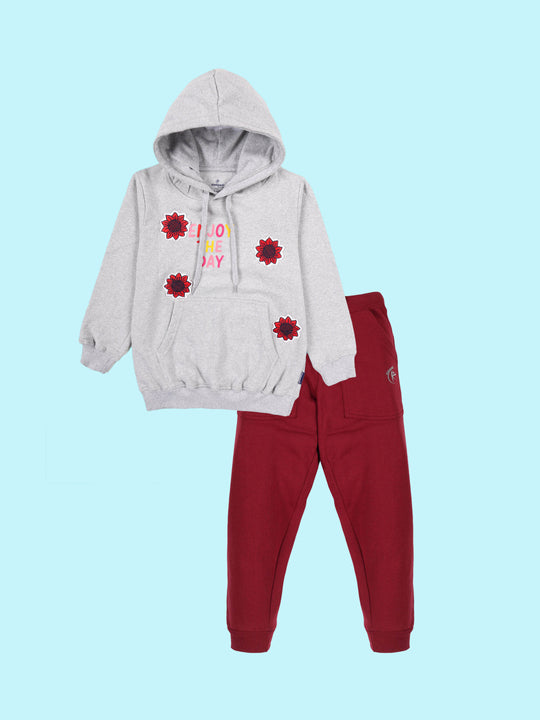 Kiddopanti Girls Fleece Full Sleeves Pullover Hooded Sweatshirt with Applique And Solid Track Pant Set