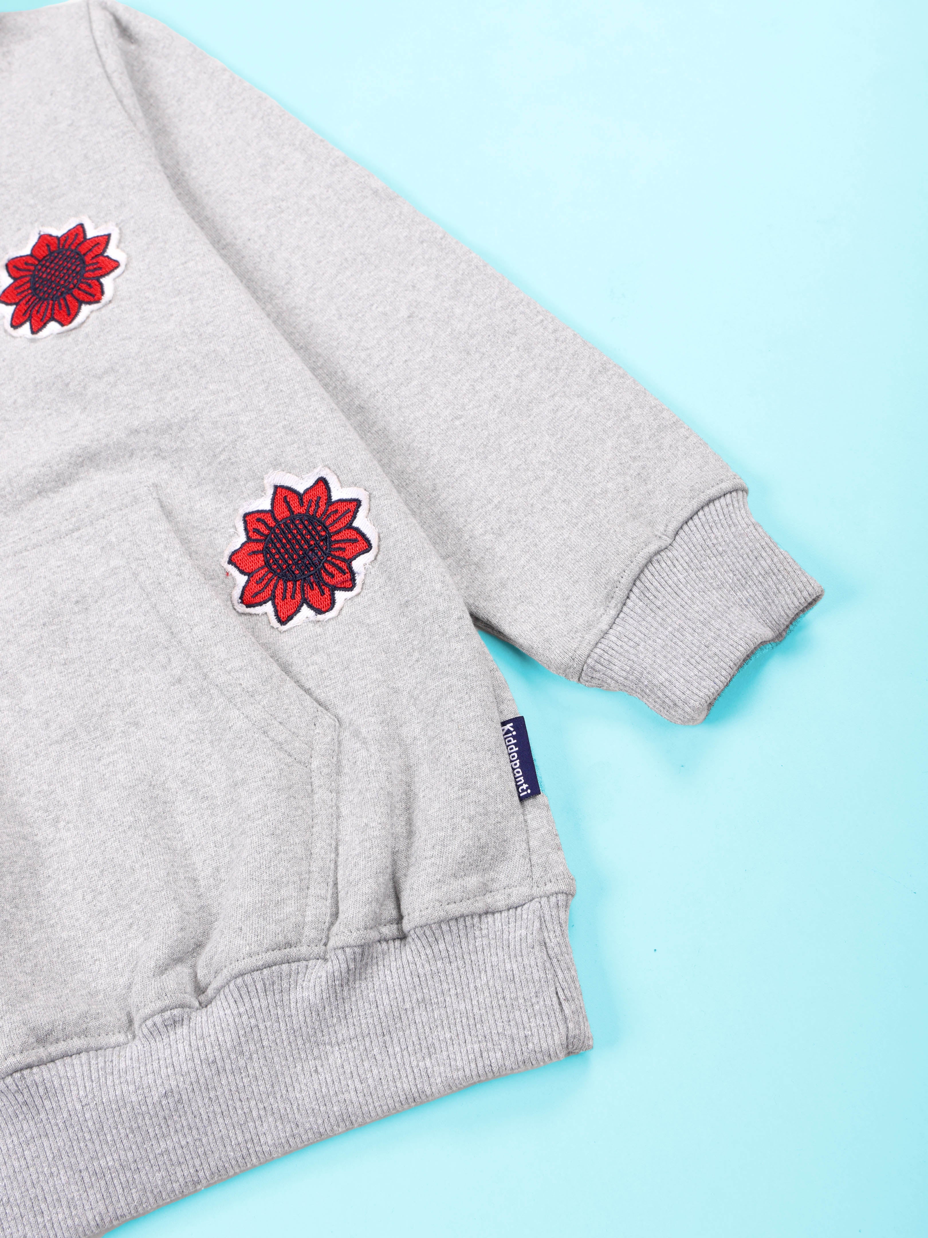 Kiddopanti Girls Fleece Full Sleeves Pullover Hooded Sweatshirt with Applique And Solid Track Pant Set