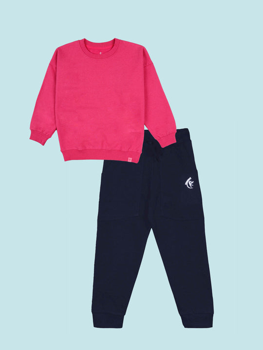 Kiddopanti Girls Solid Fleece Round Neck Sweatshirt & Track Pant Set