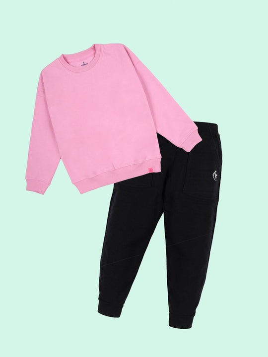 Kiddopanti Girls Solid Fleece Round Neck Sweatshirt & Track Pant Set