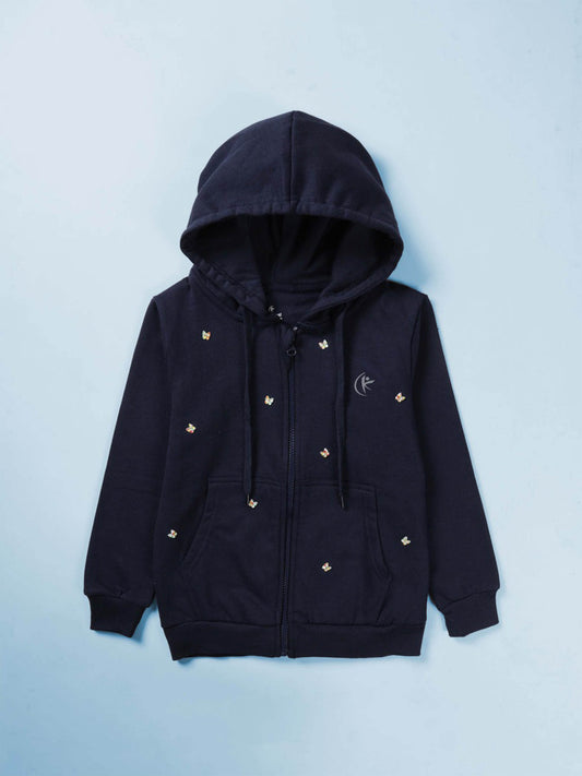Girls Fleece Solid Zip Front Open Hooded Sweatshirt With Butterfly Beads & Fleece Jogger Co Ord Set