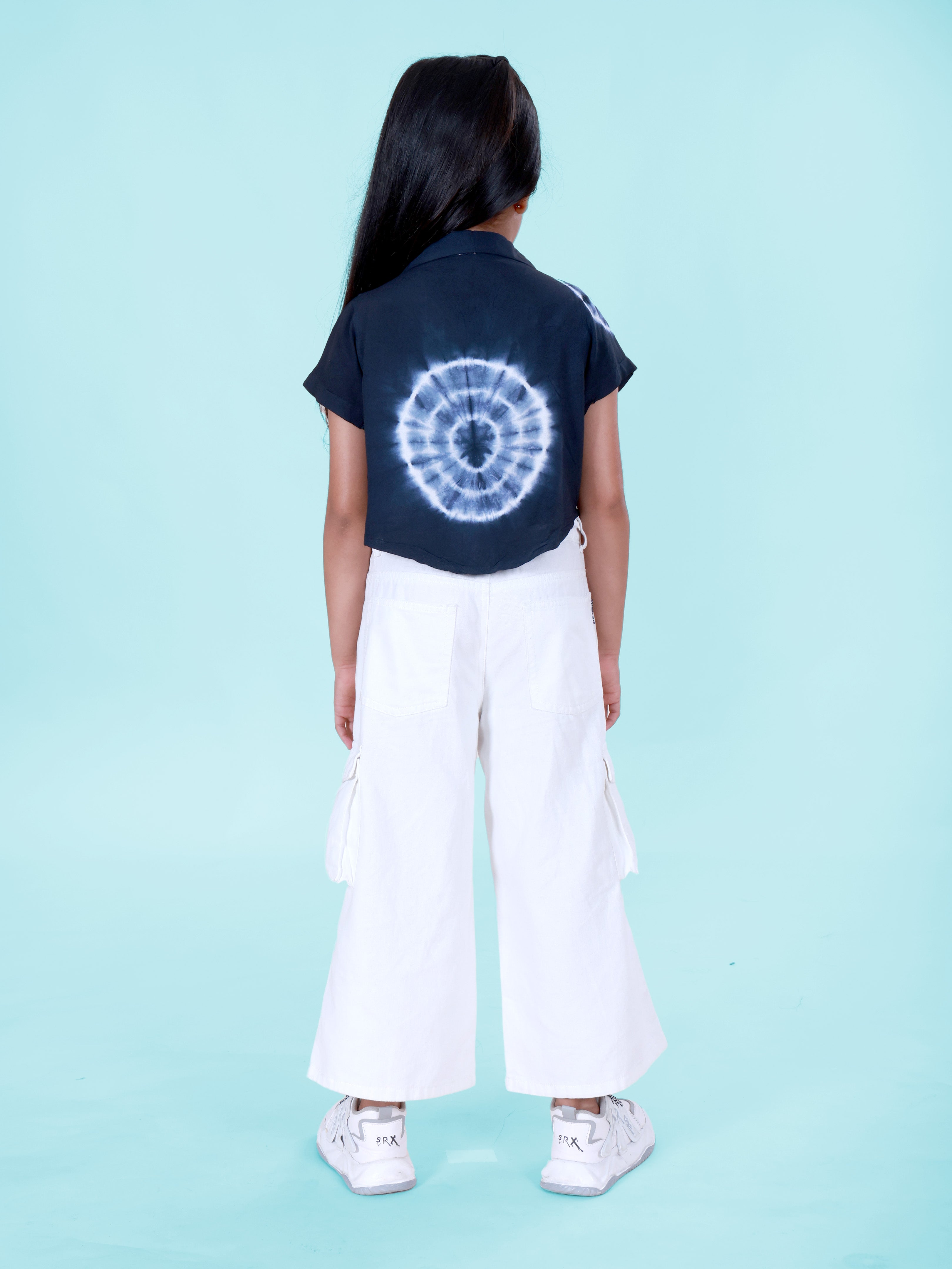 Girls Rayon Woven Half Sleeves Tie-Dye Front Knot Shirt & Denim Woven Flared Solid Utility Cargo Jeans Co Ord Set