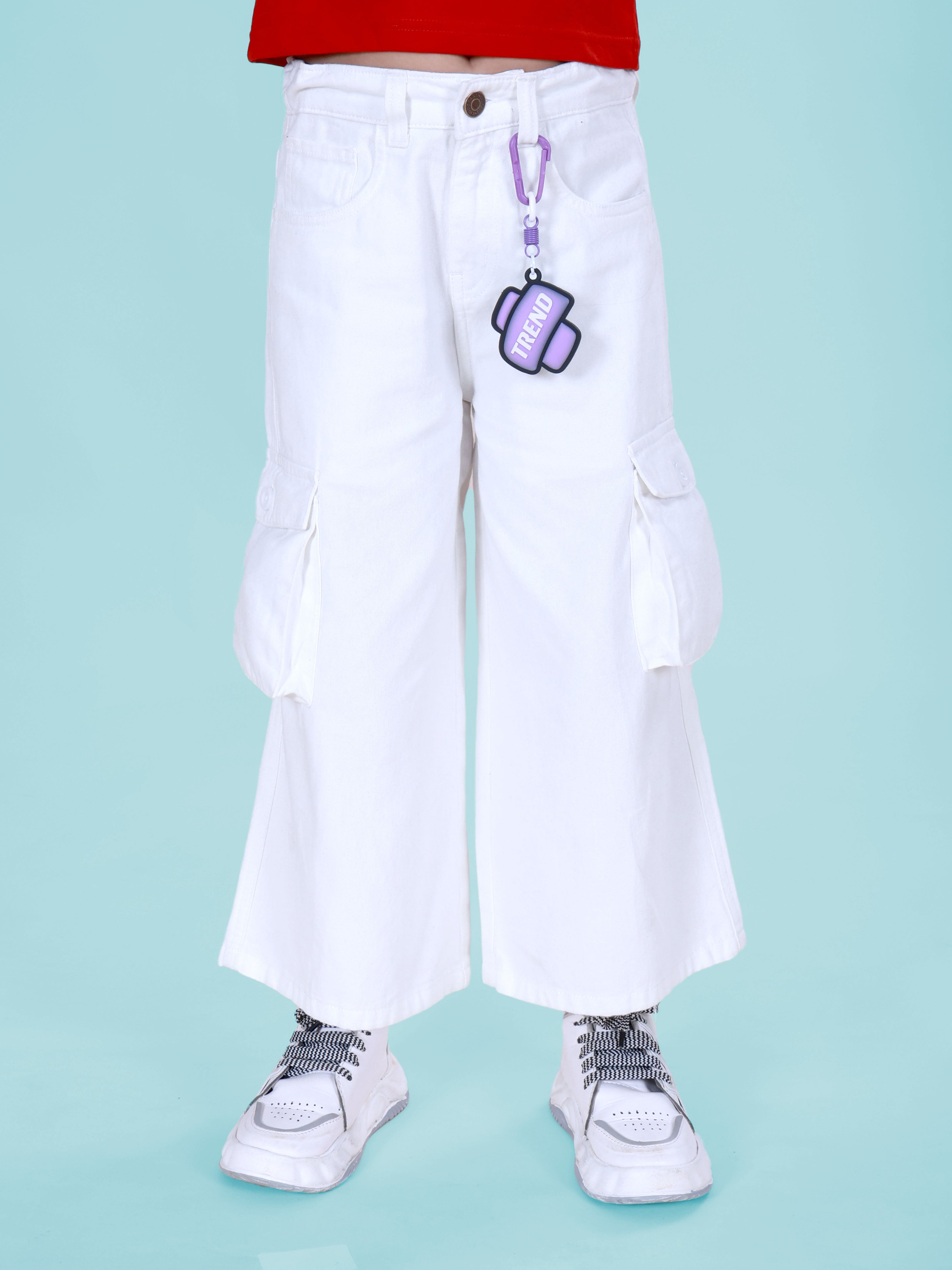 Girls Rayon Woven Half Sleeves Tie-Dye Front Knot Shirt & Denim Woven Flared Solid Utility Cargo Jeans Co Ord Set