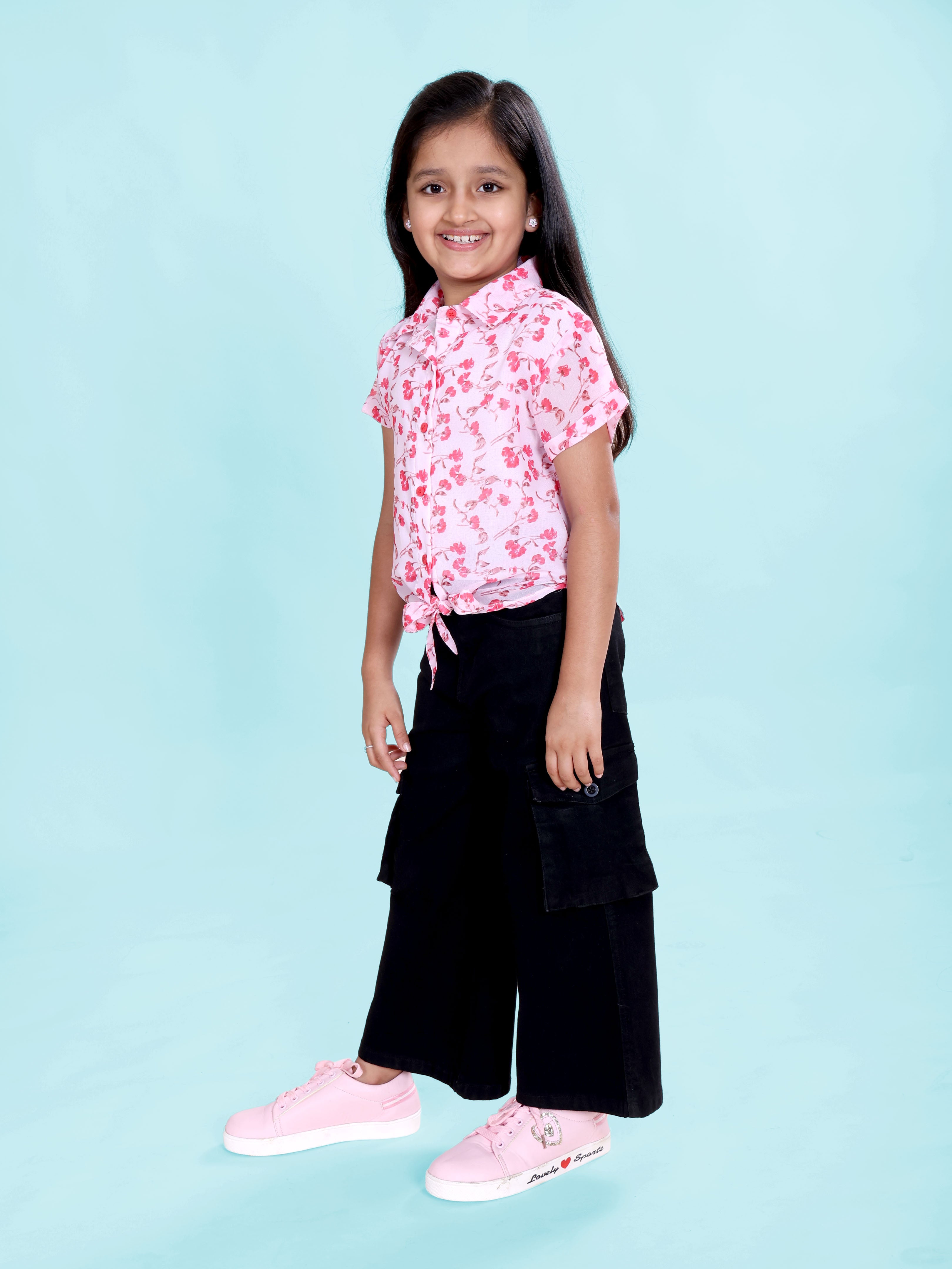 Girls Rayon Woven Half Sleeves Floral Printed Front Knot Tie Up Shirt & Denim Woven Flared Solid Utility Cargo Jeans Co Ord Set