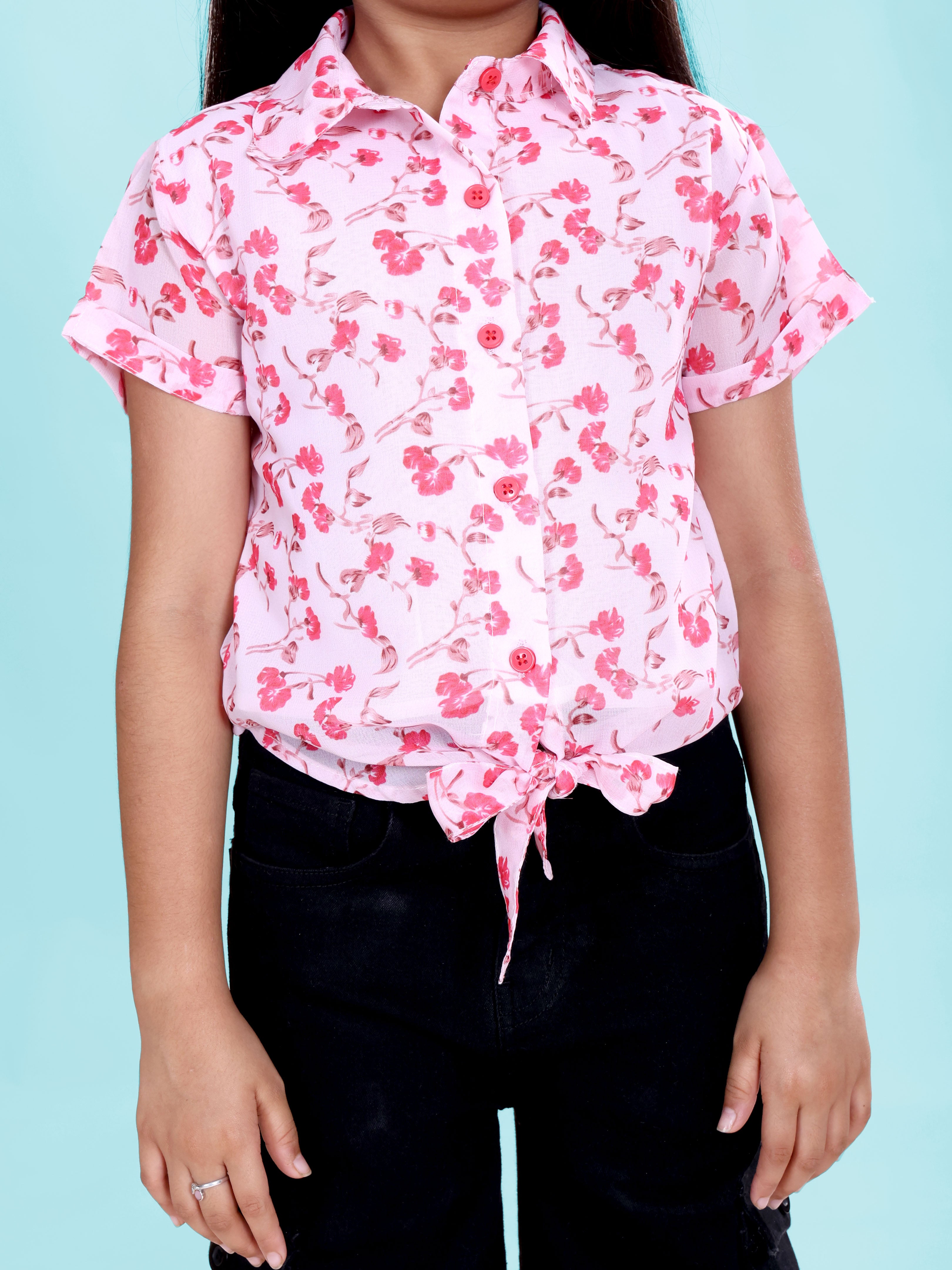 Girls Rayon Woven Half Sleeves Floral Printed Front Knot Tie Up Shirt & Denim Woven Flared Solid Utility Cargo Jeans Co Ord Set