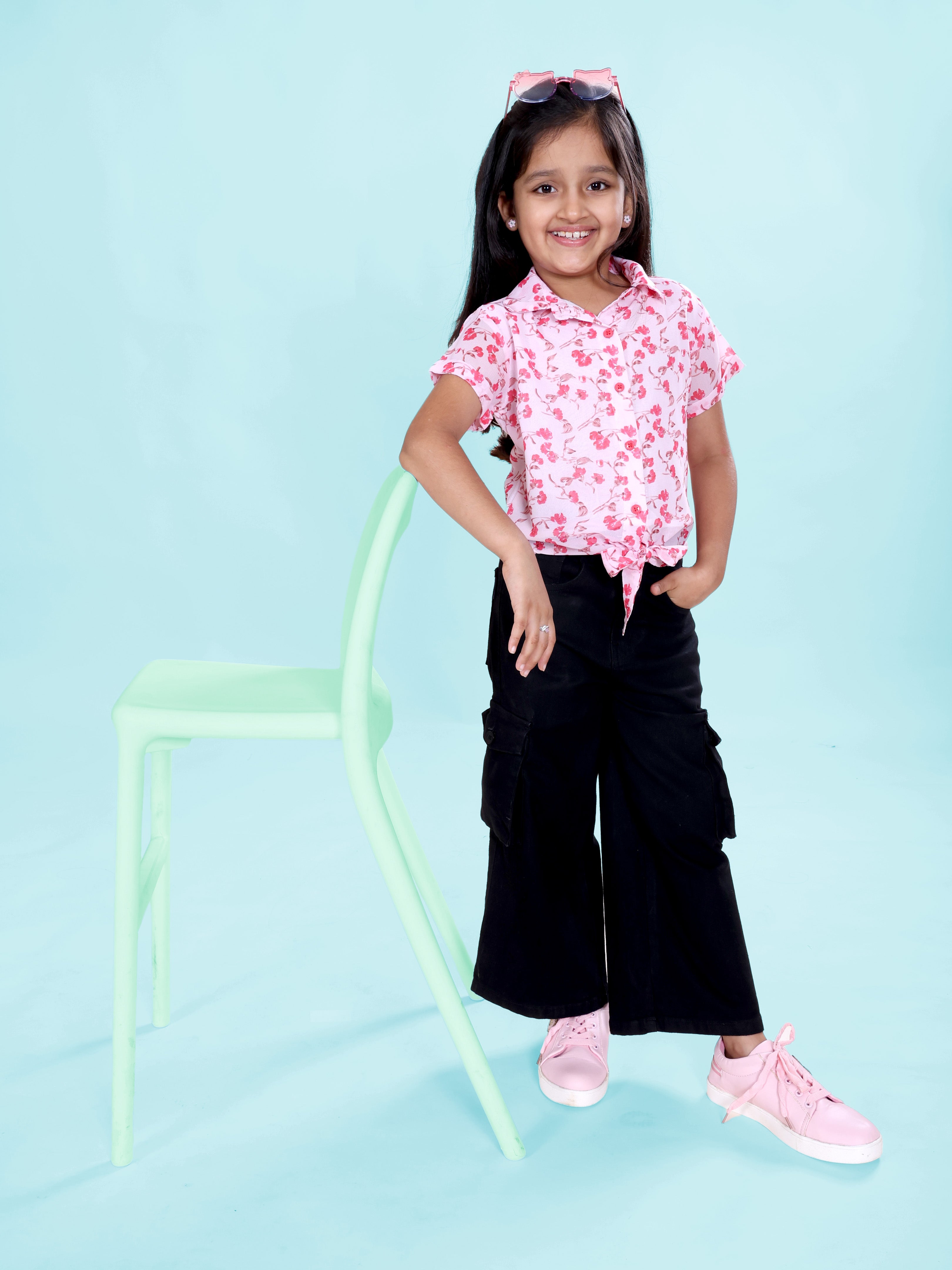 Girls Rayon Woven Half Sleeves Floral Printed Front Knot Tie Up Shirt & Denim Woven Flared Solid Utility Cargo Jeans Co Ord Set