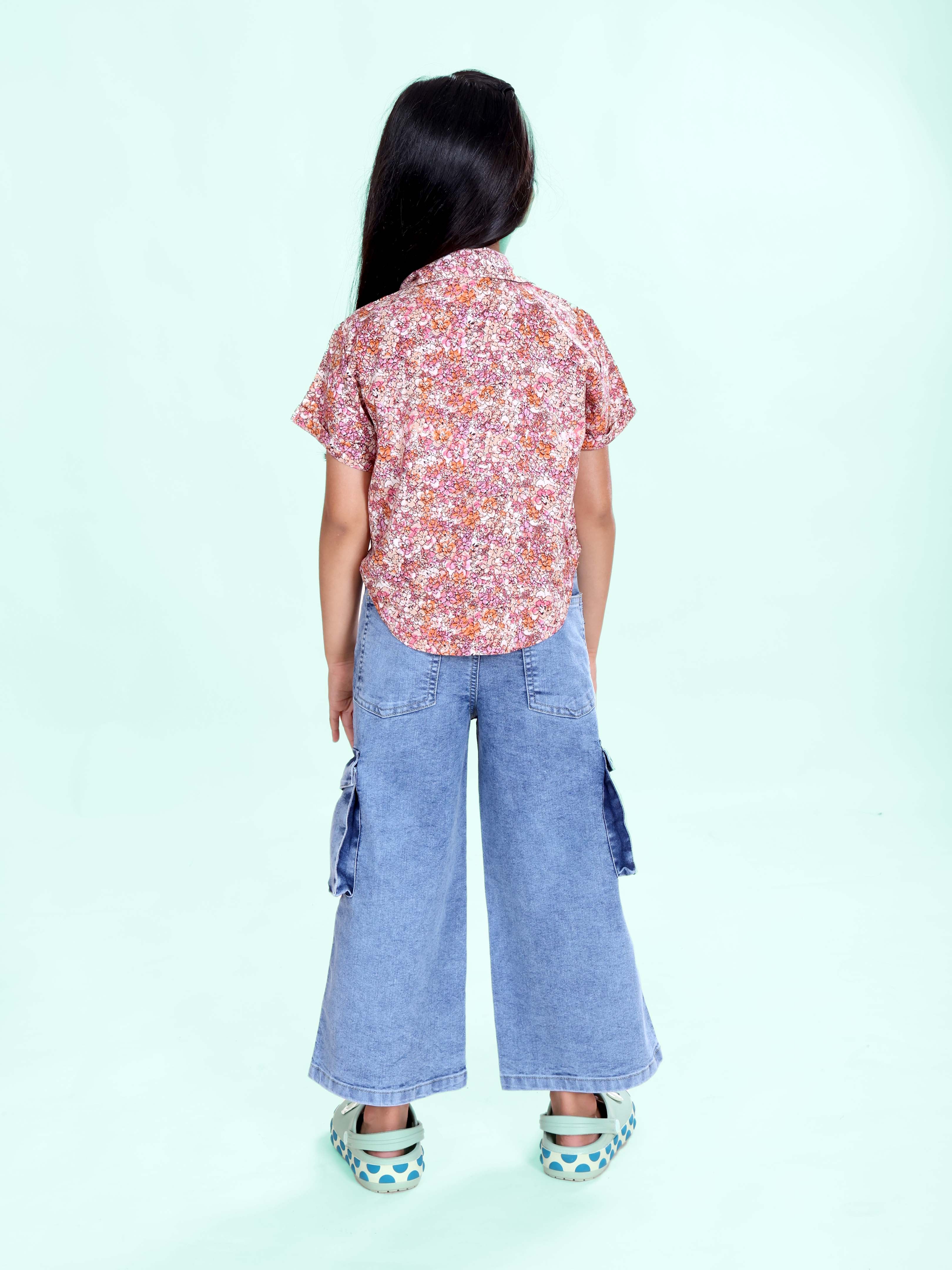 Girls Rayon Woven Half Sleeves Floral Printed Front Knot Tie Up Shirt & Denim Woven Flared Solid Utility Cargo Jeans Co Ord Set